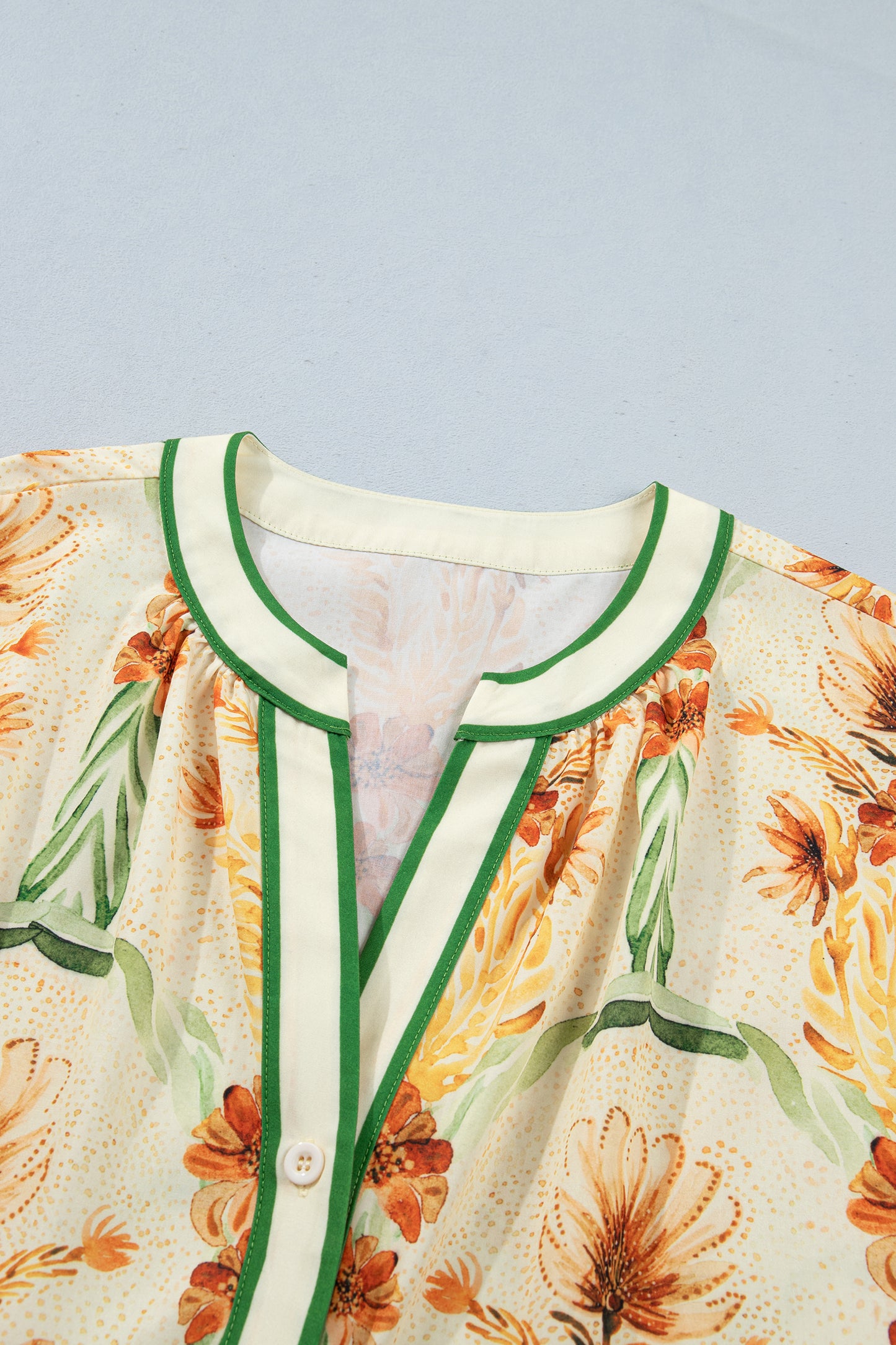 Yellow Floral Print V Neck Long Sleeve Shirt-Tops/Blouses & Shirts-[Adult]-[Female]-2022 Online Blue Zone Planet