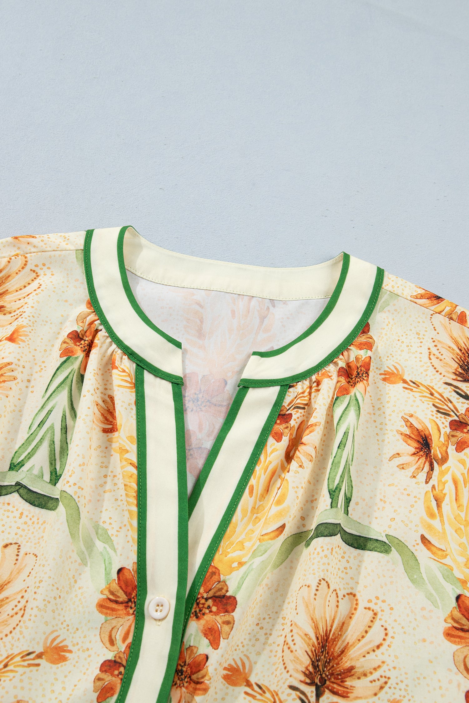 Yellow Floral Print V Neck Long Sleeve Shirt-Tops/Blouses & Shirts-[Adult]-[Female]-2022 Online Blue Zone Planet