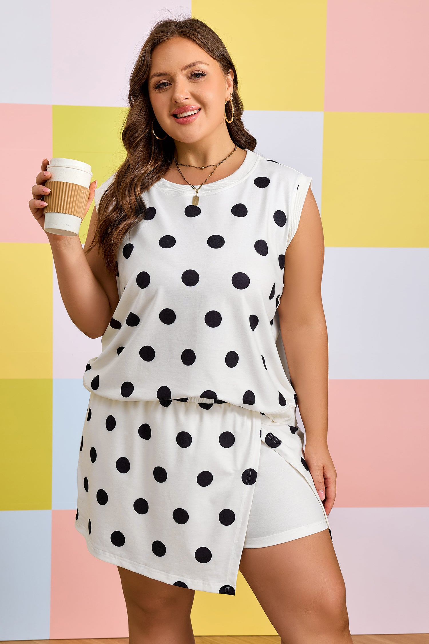 White Plus Size Polka Dot Printed Tank Split Skort 2pcs Outfit-Plus Size/Plus Size Loungewear-[Adult]-[Female]-2022 Online Blue Zone Planet
