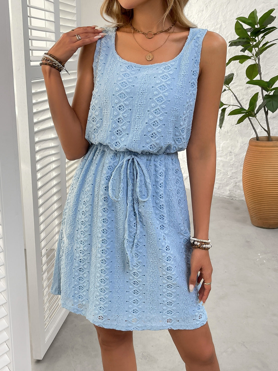 Eyelet Drawstring Round Neck Sleeveless Dress-TOPS / DRESSES-[Adult]-[Female]-2022 Online Blue Zone Planet