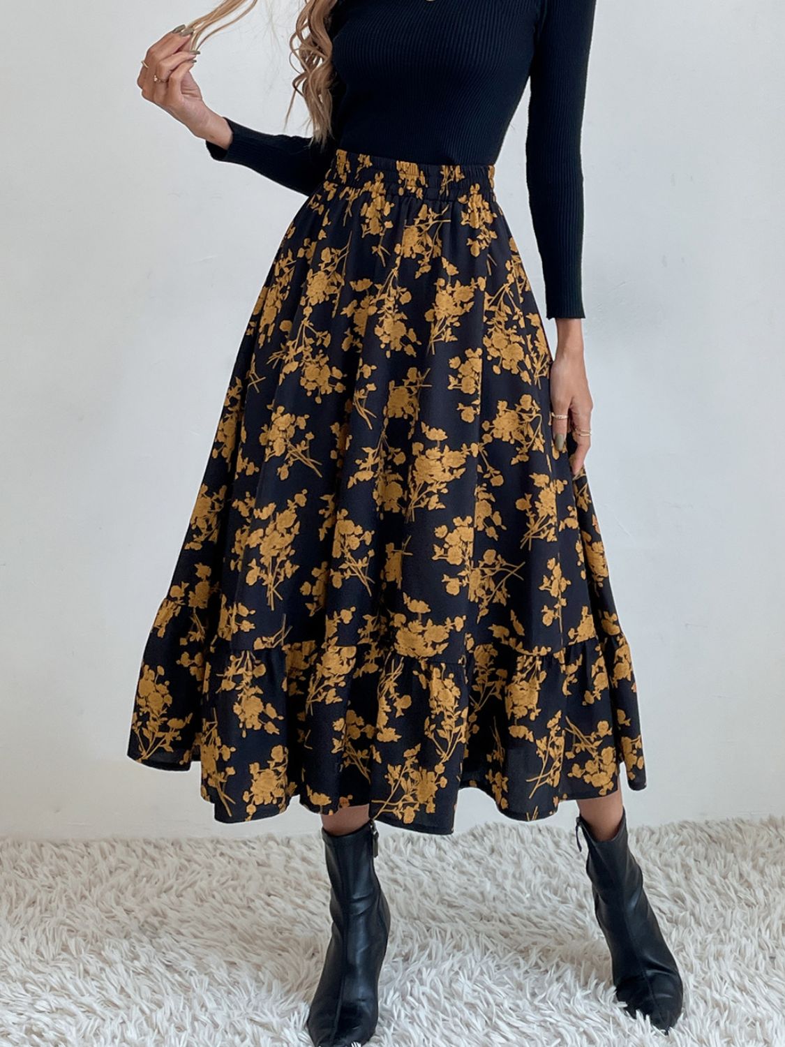 Printed Elastic Waist Midi Skirt-BOTTOM SIZES SMALL MEDIUM LARGE-[Adult]-[Female]-Black-S-2022 Online Blue Zone Planet