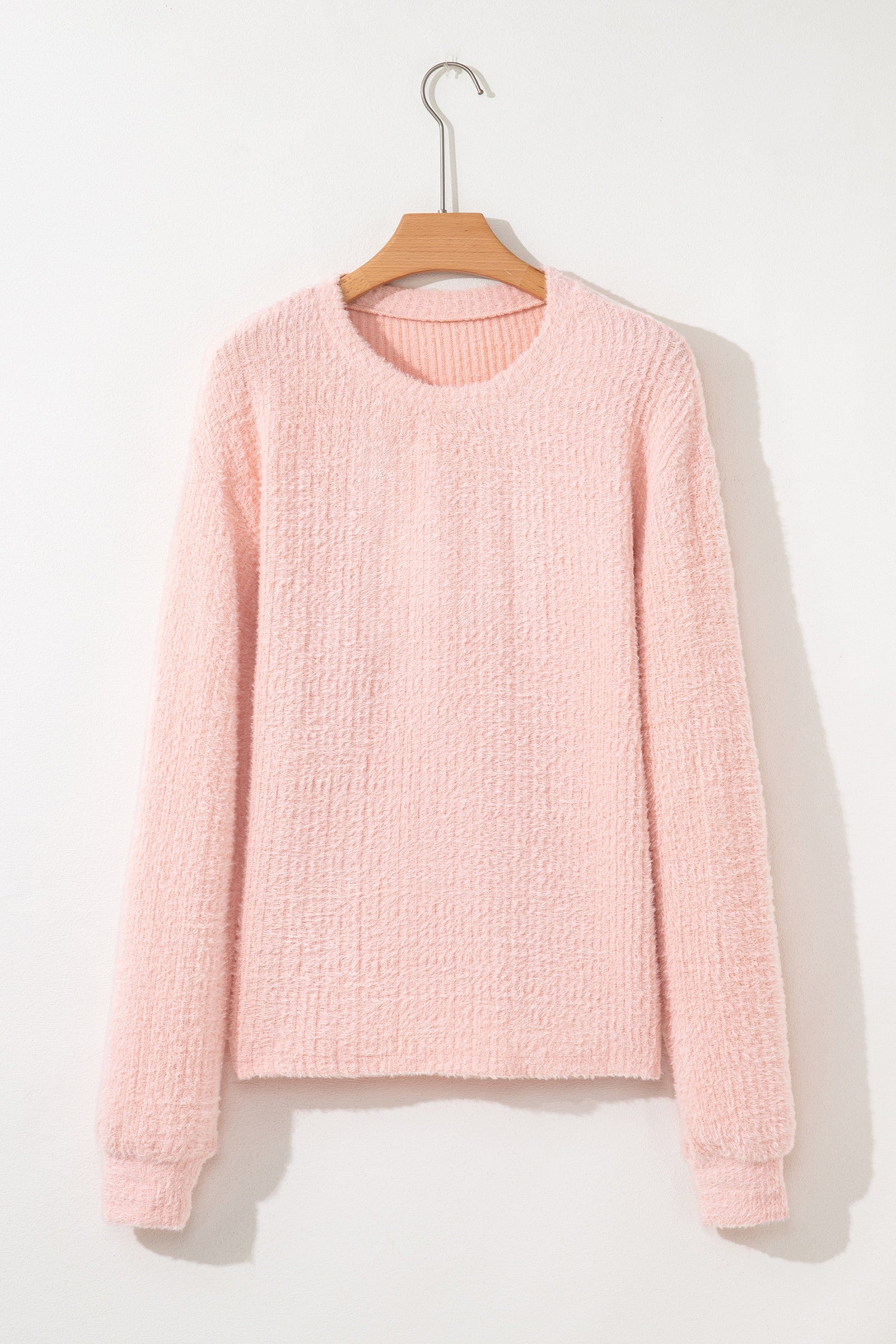 Light Pink Fuzzy Ribbed Texture Round Neck Long Sleeve Top-Tops/Long Sleeve Tops-[Adult]-[Female]-2022 Online Blue Zone Planet