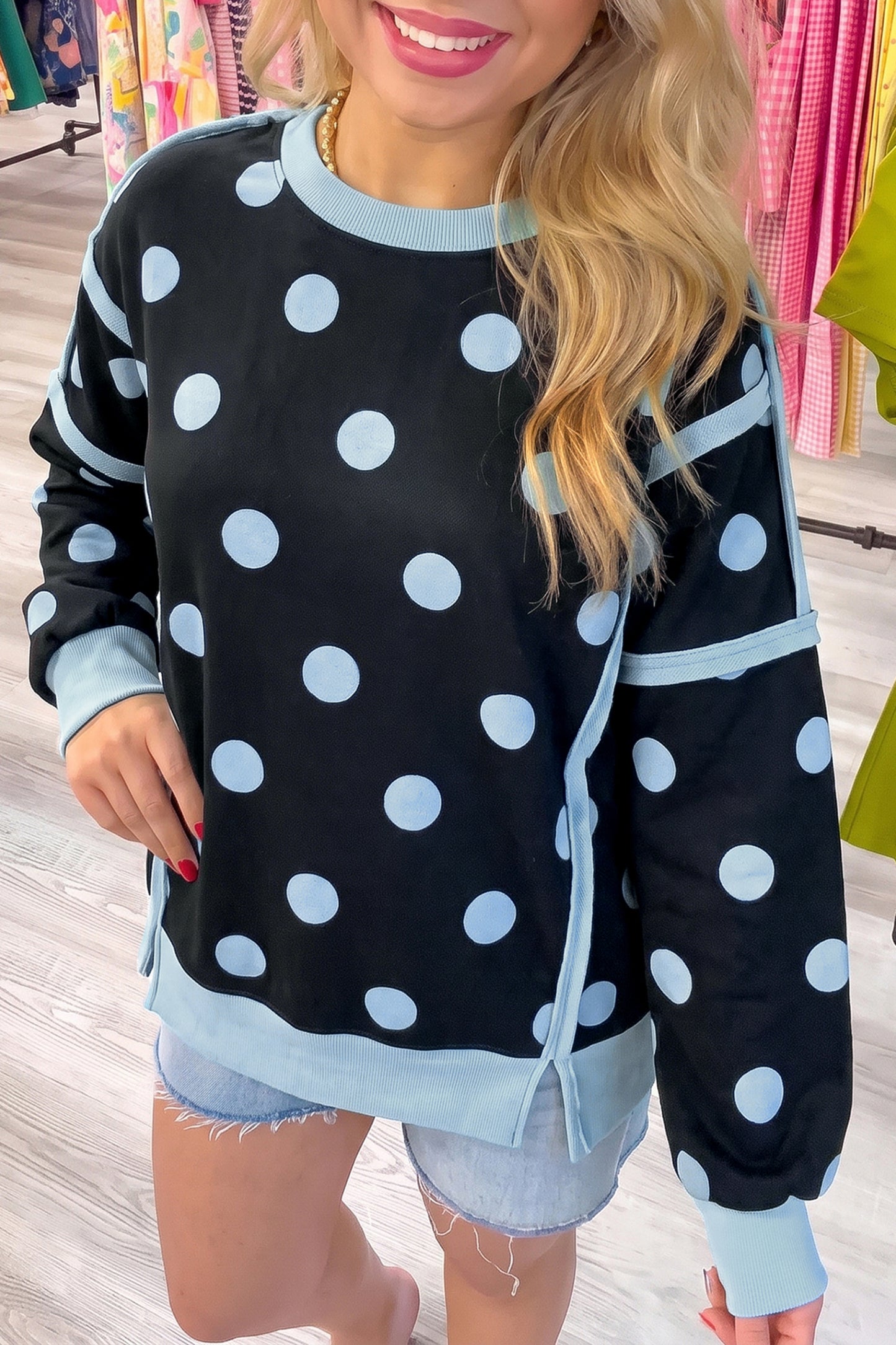White Polka Dot Contrast Patchwork Round Neck Baggy Sweatshirt-Tops/Sweatshirts & Hoodies-[Adult]-[Female]-Black-S-2022 Online Blue Zone Planet