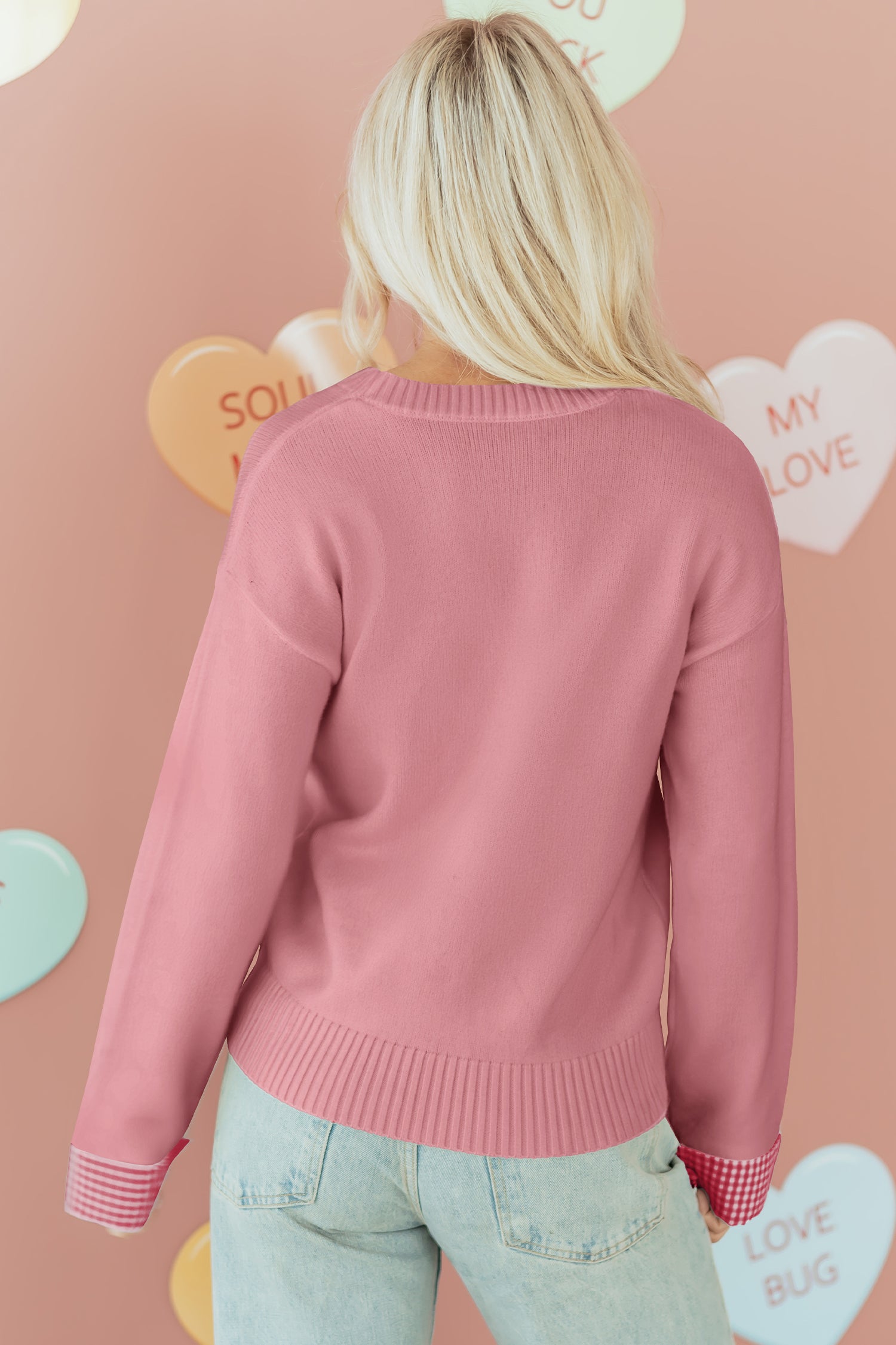 Light Pink Plaid Heart Embroidered Cuffed Drop Shoulder Crew Neck Sweater-Sweaters & Cardigans/Sweaters-[Adult]-[Female]-2022 Online Blue Zone Planet