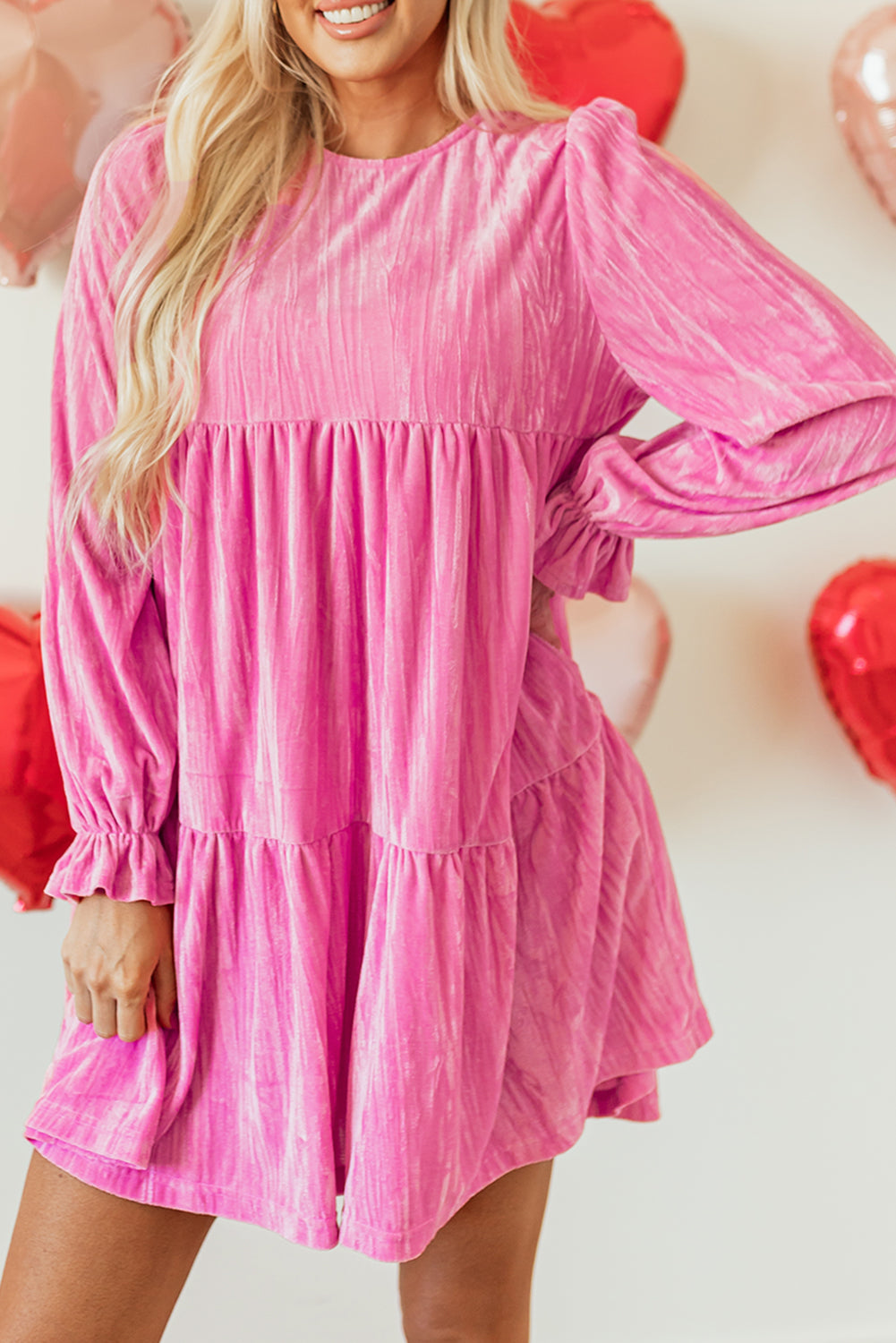 Blue Zone Planet | Strawberry Pink Flounce Sleeve Tiered Ruffled Velvet Mini Dress-TOPS / DRESSES-[Adult]-[Female]-2022 Online Blue Zone Planet