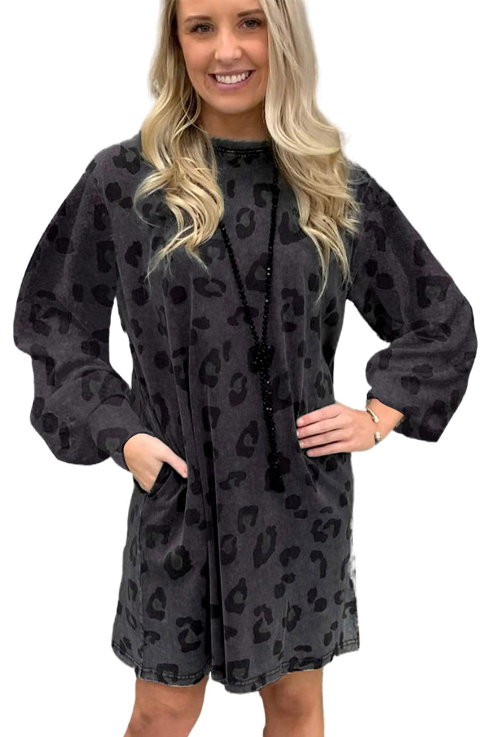 Blue Zone Planet | Gray Leopard Pocketed Puff Sleeve Mini Dress-TOPS / DRESSES-[Adult]-[Female]-2022 Online Blue Zone Planet