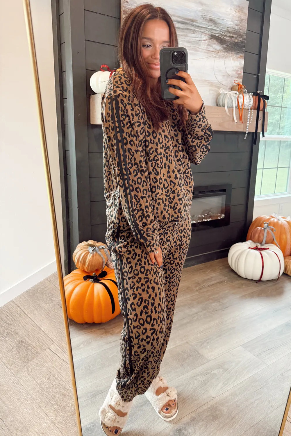Brown Varsity Striped Trim Leopard Long Sleeve Top Drawstring Pant Set-Two Piece Sets/Pant Sets-[Adult]-[Female]-2022 Online Blue Zone Planet