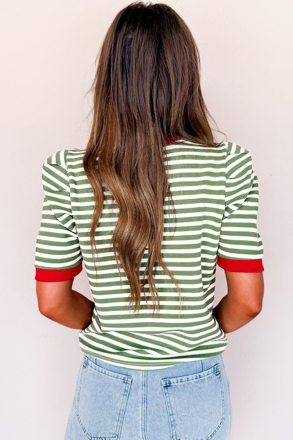 Green Stripe Short Puff Sleeve Contrast Trim Round Neck Tee-Tops/Tops & Tees-[Adult]-[Female]-2022 Online Blue Zone Planet