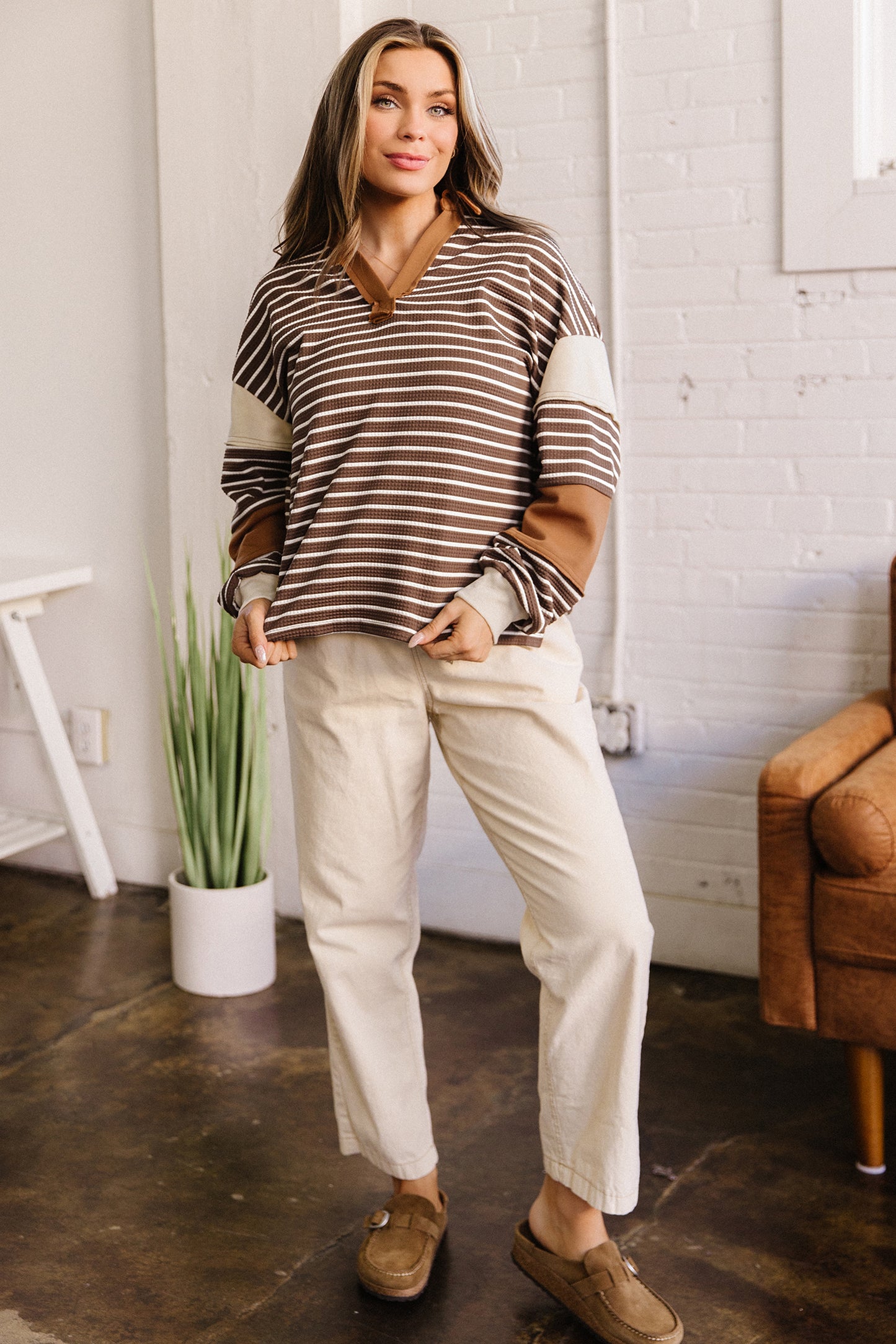 Brown Stripe Collar V Neck Color Block Detail Long Sleeve Pullover Top-Tops/Long Sleeve Tops-[Adult]-[Female]-2022 Online Blue Zone Planet