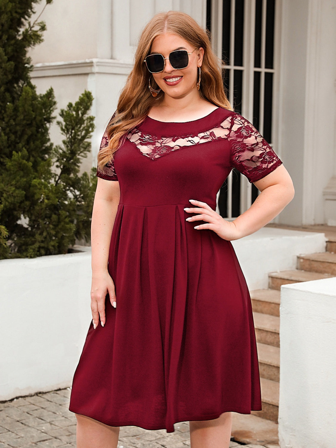 Plus Size Ruched Round Neck Short Sleeve Dress-TOPS / DRESSES-[Adult]-[Female]-2022 Online Blue Zone Planet