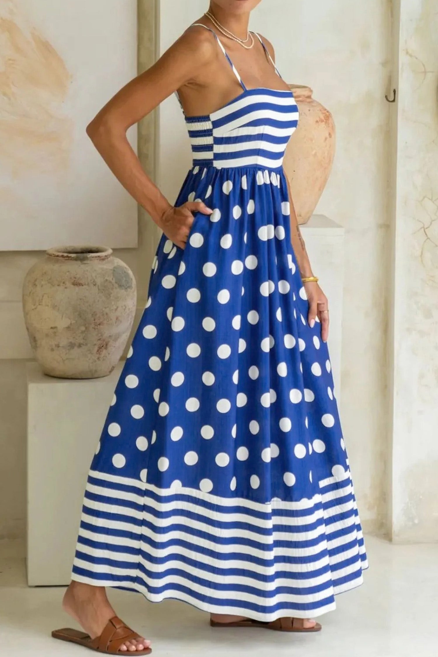 Blue Striped Polka Dot Patchwork High Waist Spaghetti Straps Maxi Dress-TOPS / DRESSES-[Adult]-[Female]-2022 Online Blue Zone Planet