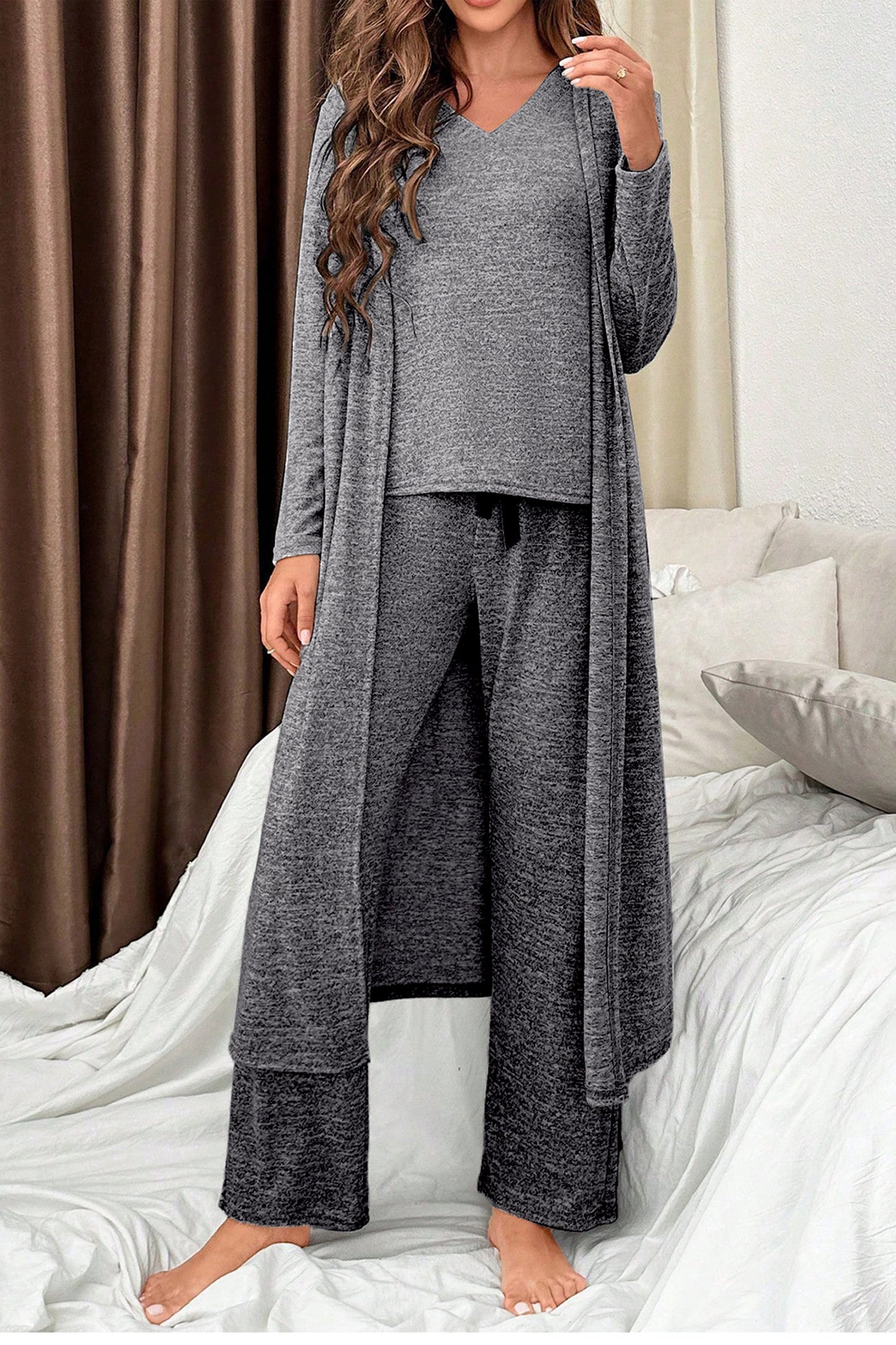 Dark Grey 3pcs V Neck T Shirt Ribbon Knot Pants Open Duster 3pcs Lounge Set-Loungewear & Sleepwear/Loungewear-[Adult]-[Female]-2022 Online Blue Zone Planet