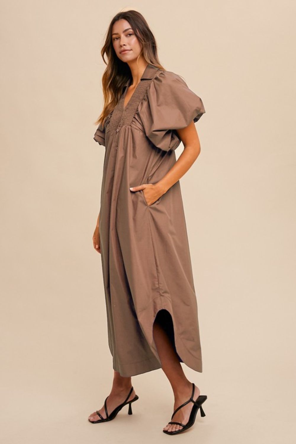 Annie Wear Smocked Puff Sleeve Midi Dress-TOPS / DRESSES-[Adult]-[Female]-Coffee Brown-S-2022 Online Blue Zone Planet