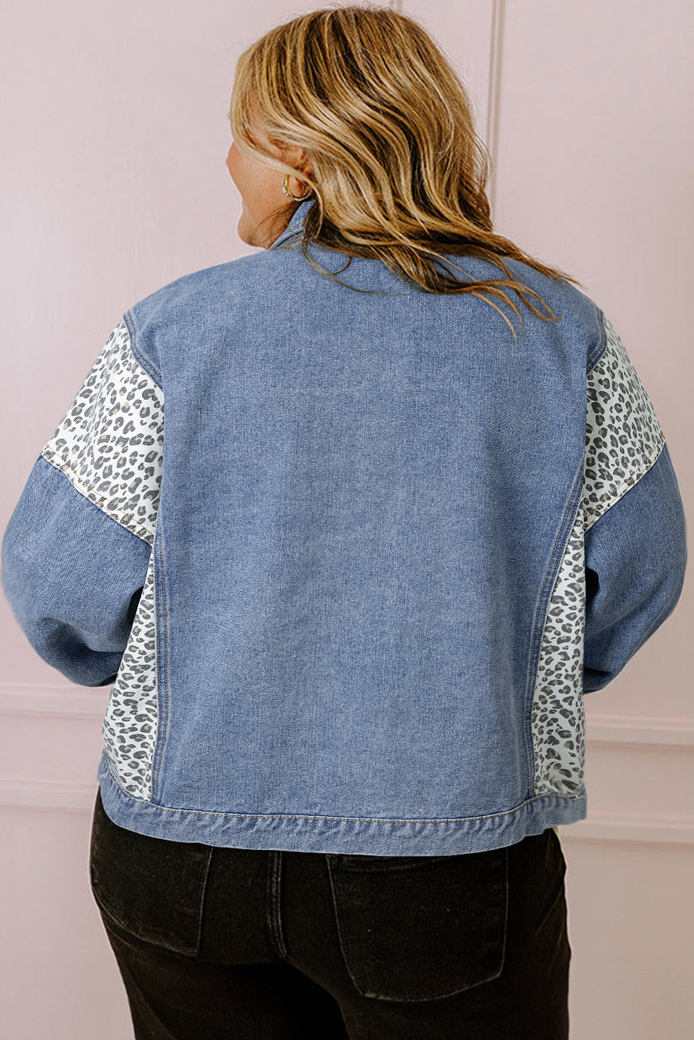 Blue Zone Planet | Beau Blue Leopard Patchwork Flap Detail Plus Size Denim Jacket-Plus Size/Plus Size Outerwear-[Adult]-[Female]-2022 Online Blue Zone Planet