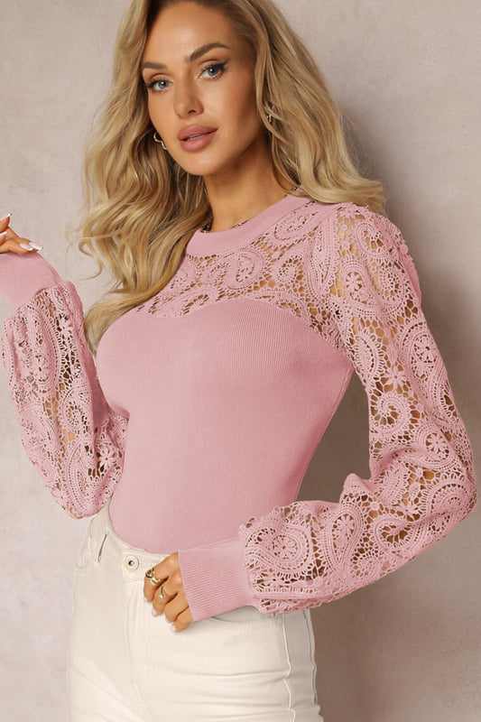 Lace Patchwork Round Neck Long Sleeve Blouse-TOPS / DRESSES-[Adult]-[Female]-Blush Pink-S-2022 Online Blue Zone Planet