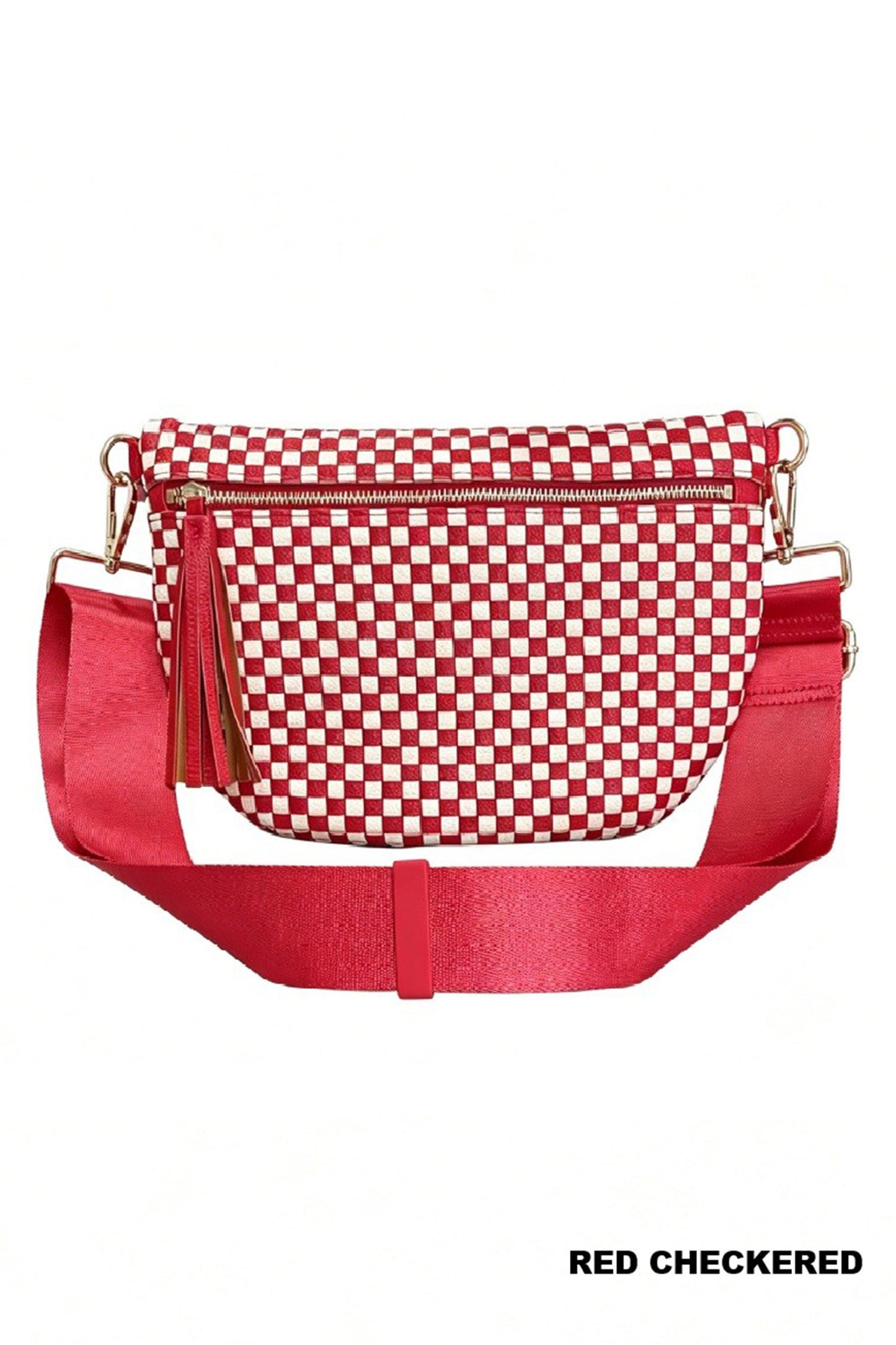 White Checkered Woven PU Leather Crossbody Bag Adjustable Strap Large Size