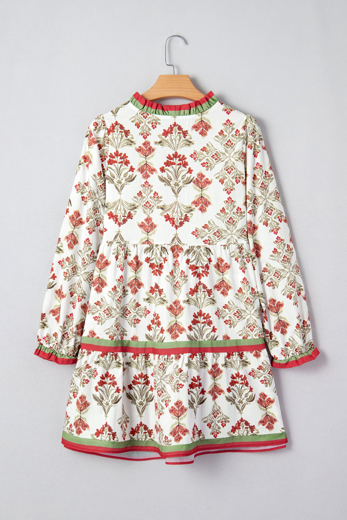 Pink Floral Print Contrast Trim Frilled Neck Long Sleeve Flared Dress-TOPS / DRESSES-[Adult]-[Female]-2022 Online Blue Zone Planet