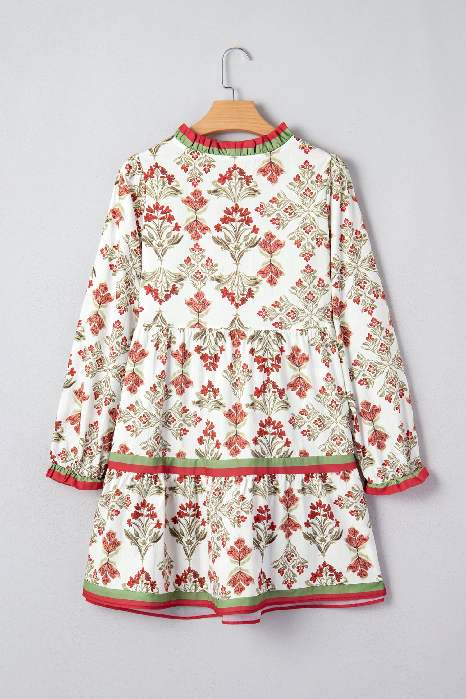 Pink Floral Print Contrast Trim Frilled Neck Long Sleeve Flared Dress-TOPS / DRESSES-[Adult]-[Female]-2022 Online Blue Zone Planet