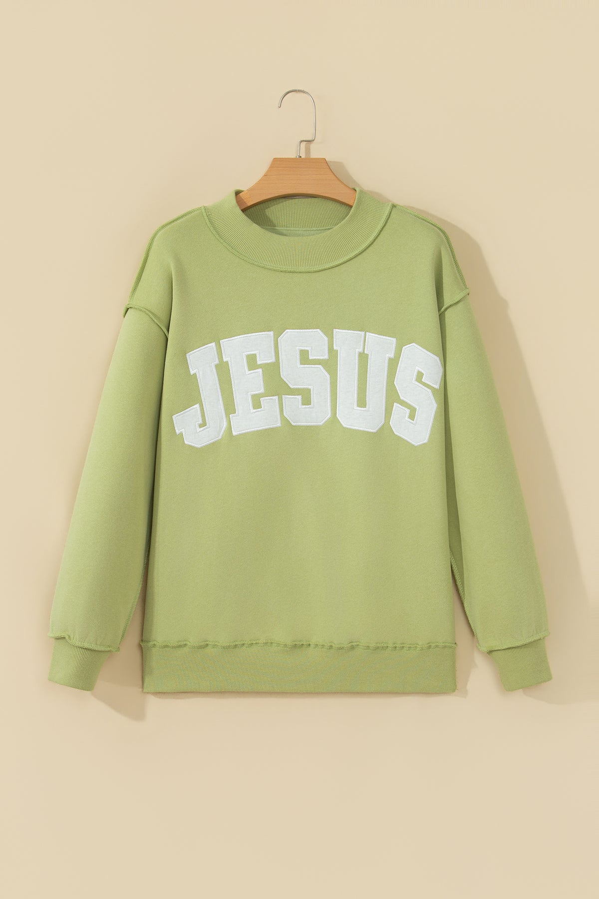 Meadow Mist Green JESUS Letter Patch Graphic Exposed Seam Mock Neck Baggy Sweatshirt