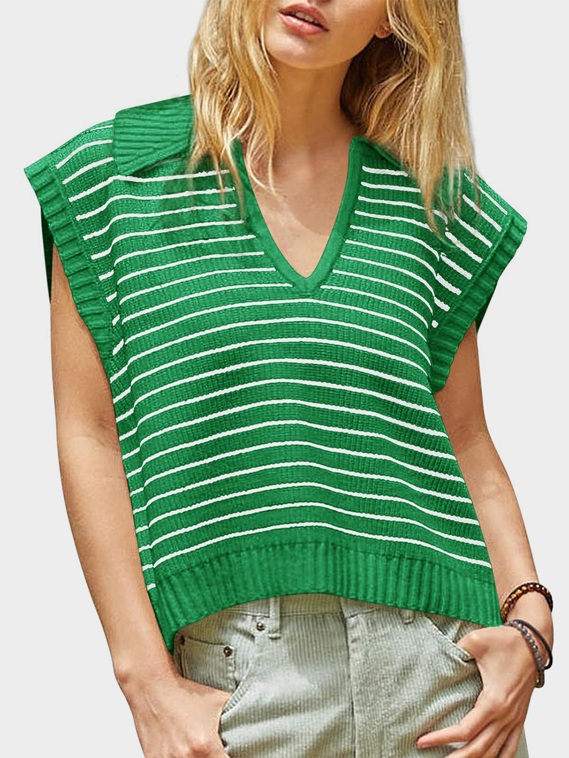 Blue Zone Planet | Mandy Collared Neck Striped Sweater Vest-TOPS / DRESSES-[Adult]-[Female]-2022 Online Blue Zone Planet