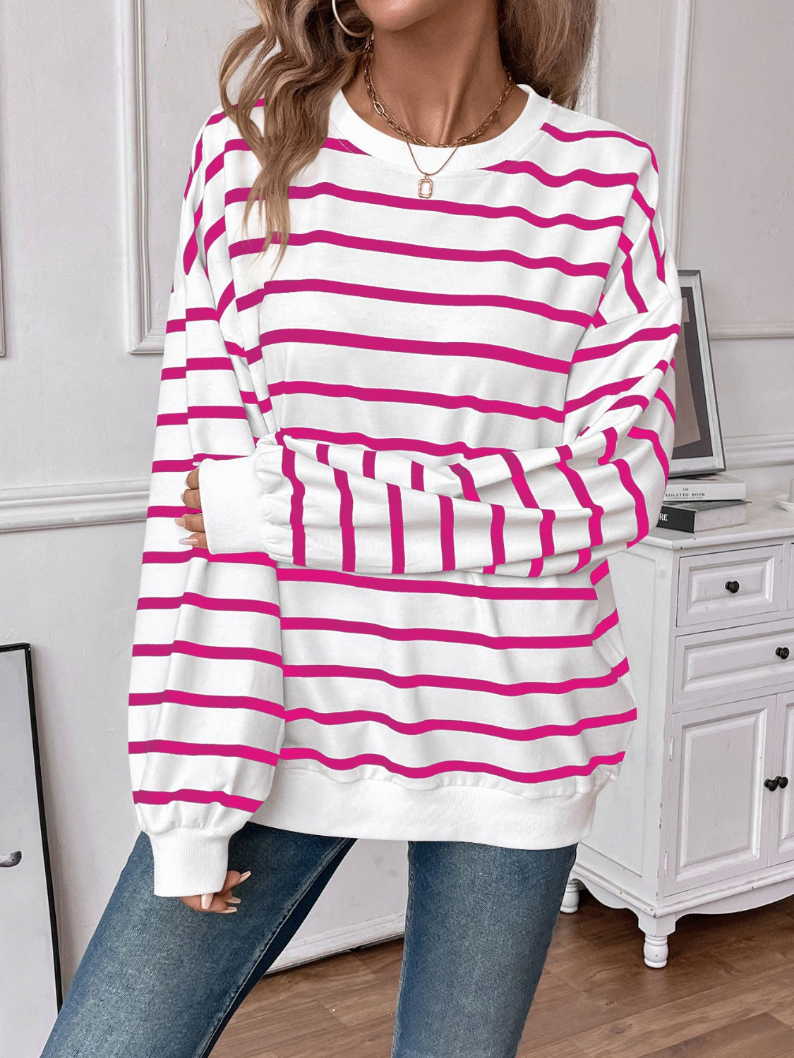 Blue Zone Planet | Lovelet Striped Round Neck Long Sleeve Sweatshirt-TOPS / DRESSES-[Adult]-[Female]-2022 Online Blue Zone Planet