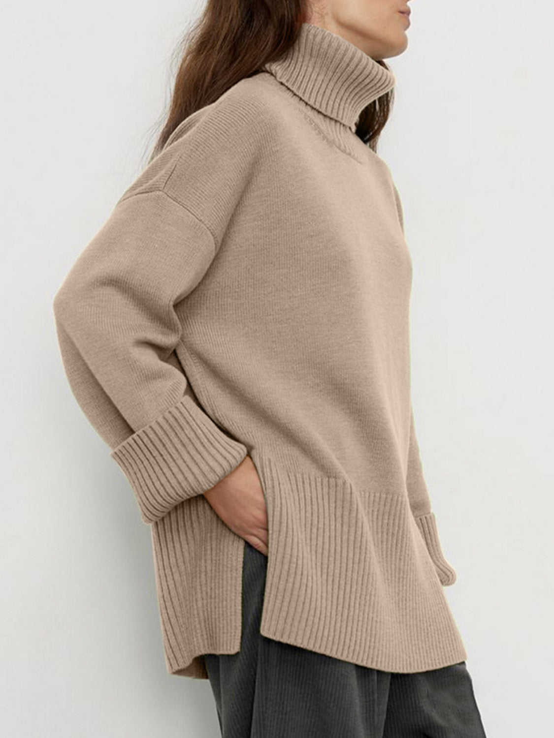 Side Slit Turtleneck Drop Shoulder Sweater-TOPS / DRESSES-[Adult]-[Female]-2022 Online Blue Zone Planet