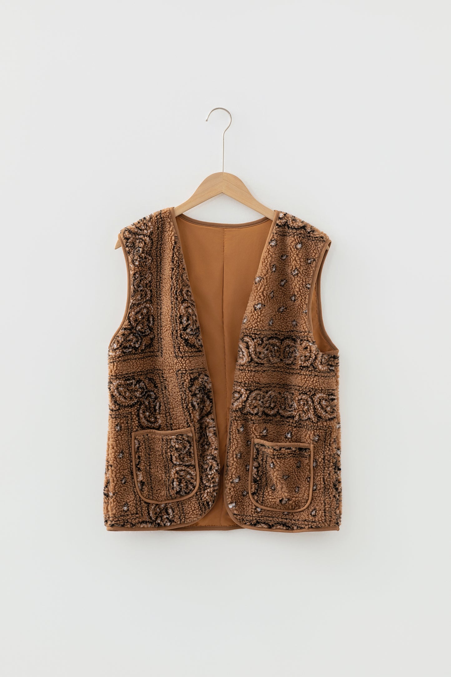Brown Sherpa Paisley Print Pocketed Western Fashion Vest Jacket-TOPS / DRESSES-[Adult]-[Female]-2022 Online Blue Zone Planet