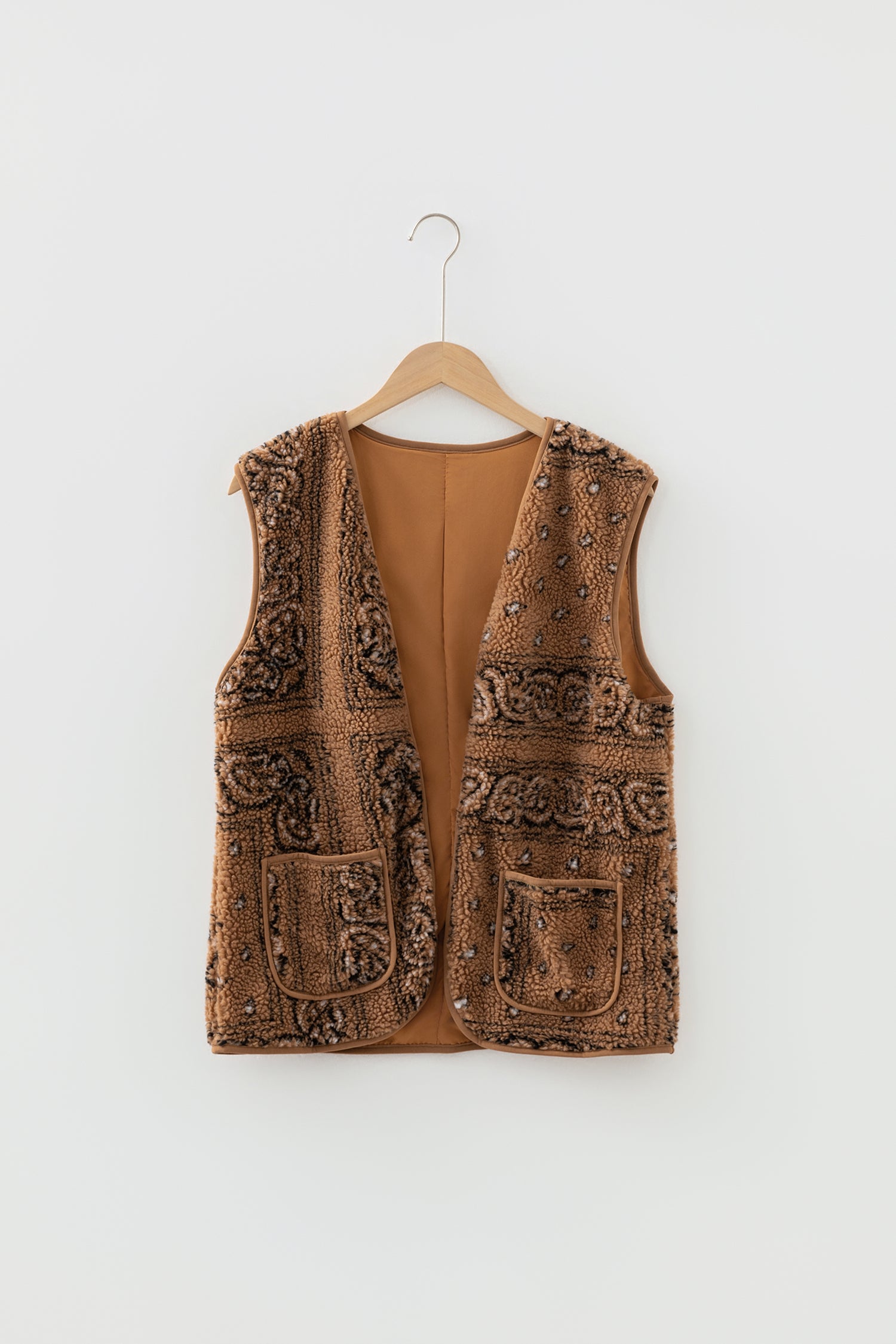 Brown Sherpa Paisley Print Pocketed Western Fashion Vest Jacket-TOPS / DRESSES-[Adult]-[Female]-2022 Online Blue Zone Planet