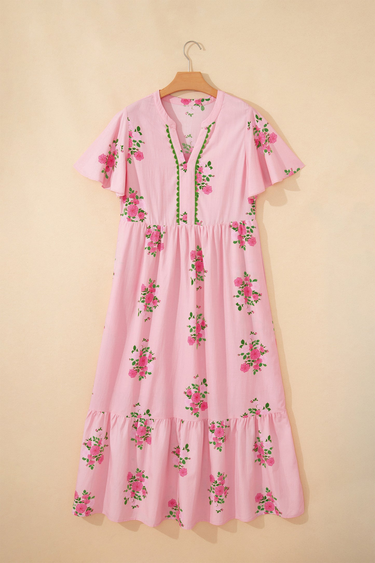 Pink Notched Neck Flutter Short Sleeve Floral Print Maxi Dress-TOPS / DRESSES-[Adult]-[Female]-2022 Online Blue Zone Planet