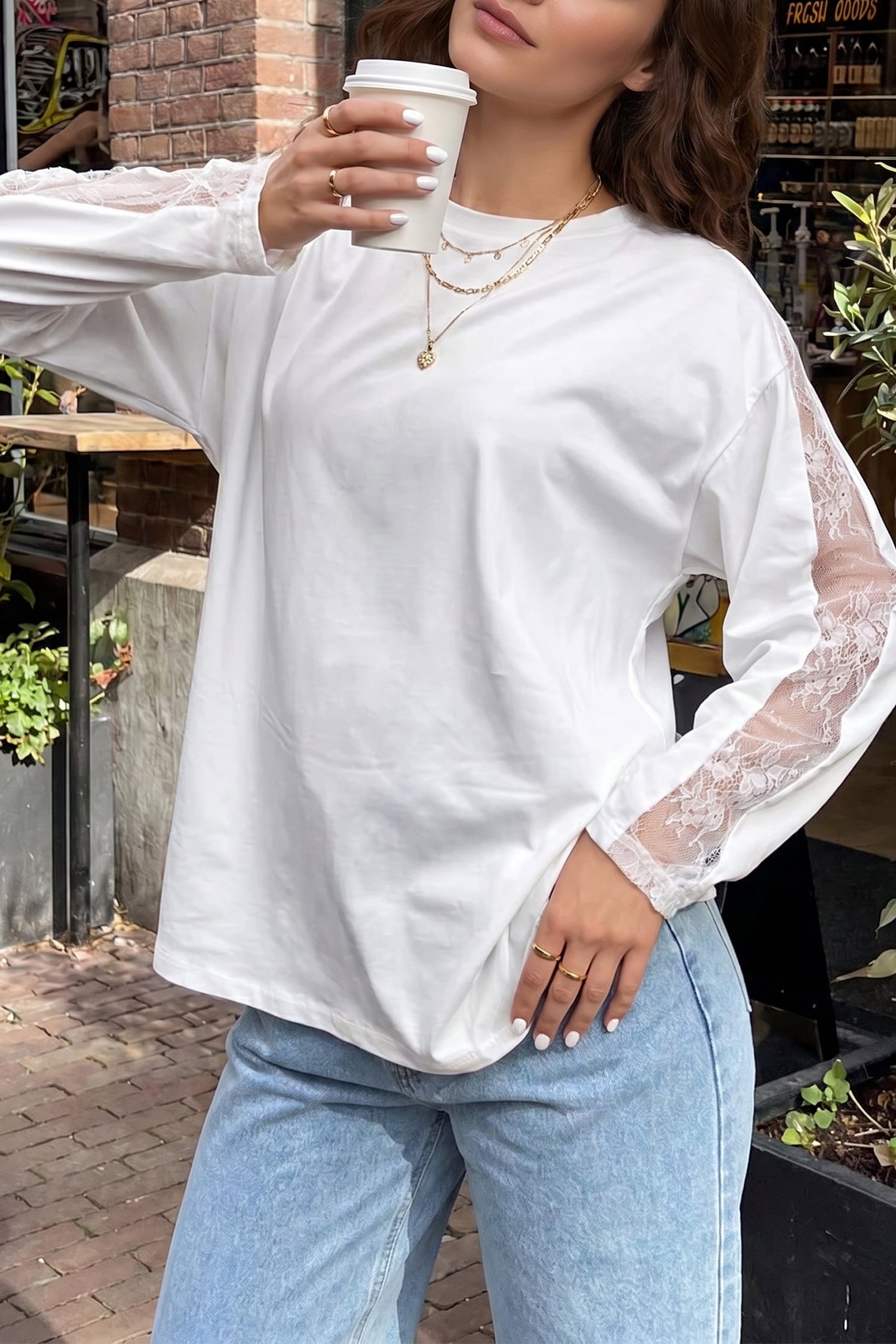White Sheer Lace Splicing Long Sleeve Shift Top-Tops/Long Sleeve Tops-[Adult]-[Female]-2022 Online Blue Zone Planet