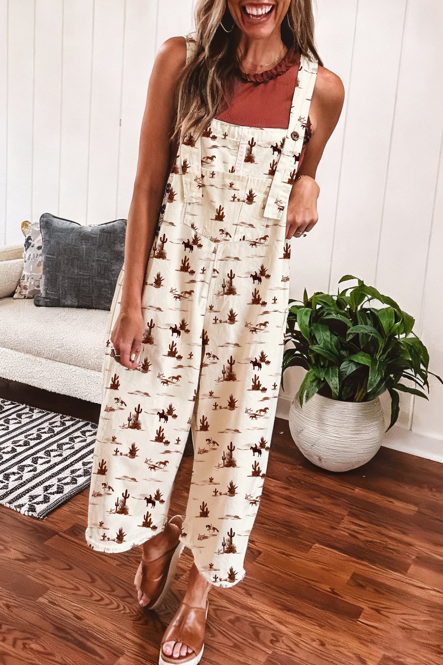 Beige Western Printed Button Adjustable Straps Loose Jumpsuit Dungarees-Bottoms/Jumpsuits & Rompers-[Adult]-[Female]-2022 Online Blue Zone Planet