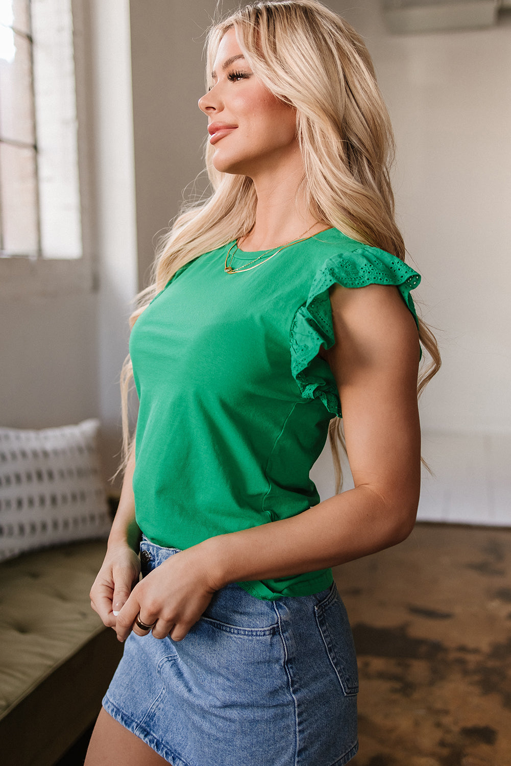 Dark Green Embroidered Ruffled Sleeve Slim Fit Crew Neck Top-Tops/Blouses & Shirts-[Adult]-[Female]-2022 Online Blue Zone Planet