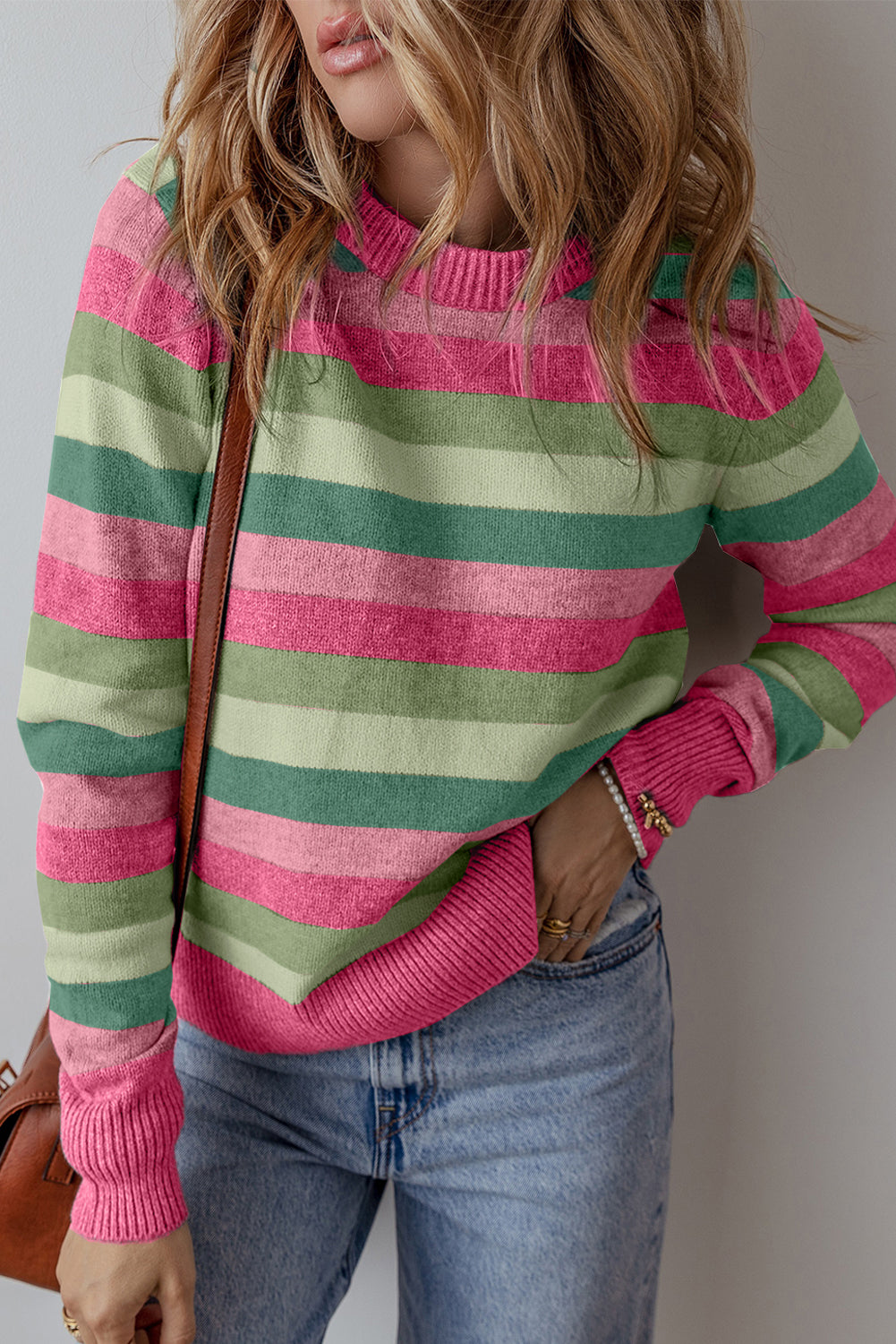 Blue Zone Planet | Green Color Block Ribbed Edge Round Neck Sweater-Sweaters & Cardigans/Sweaters-[Adult]-[Female]-2022 Online Blue Zone Planet