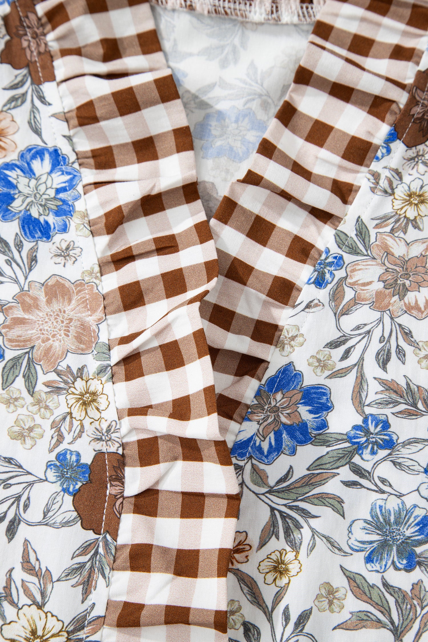 Brown Plaid Frilled Trim V Neck Floral Long Sleeve Blouse-Tops/Blouses & Shirts-[Adult]-[Female]-2022 Online Blue Zone Planet