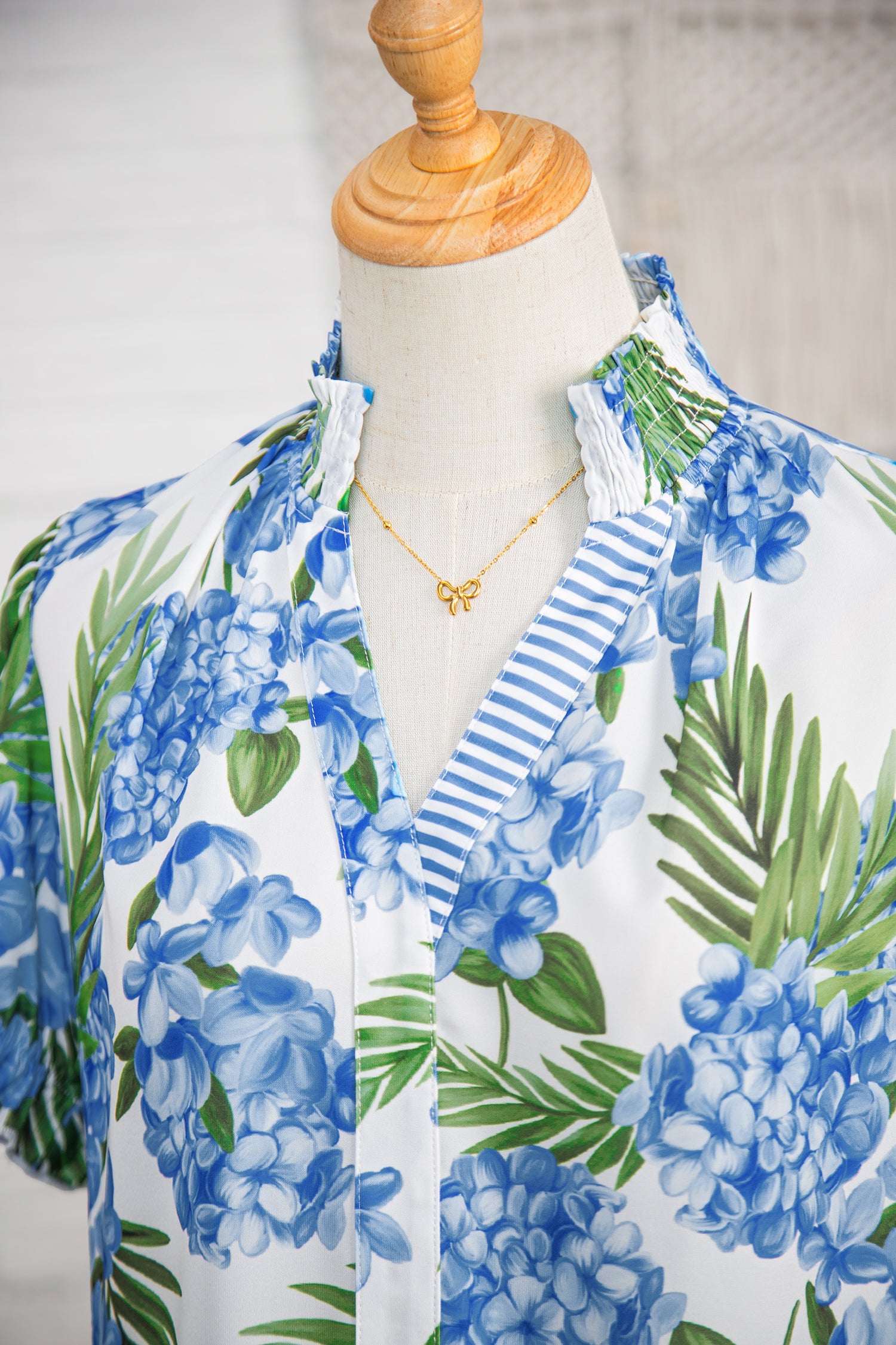 Sky Blue Palm Floral Print Striped Patchwork V Neck Short Sleeve Blouse-Tops/Blouses & Shirts-[Adult]-[Female]-2022 Online Blue Zone Planet
