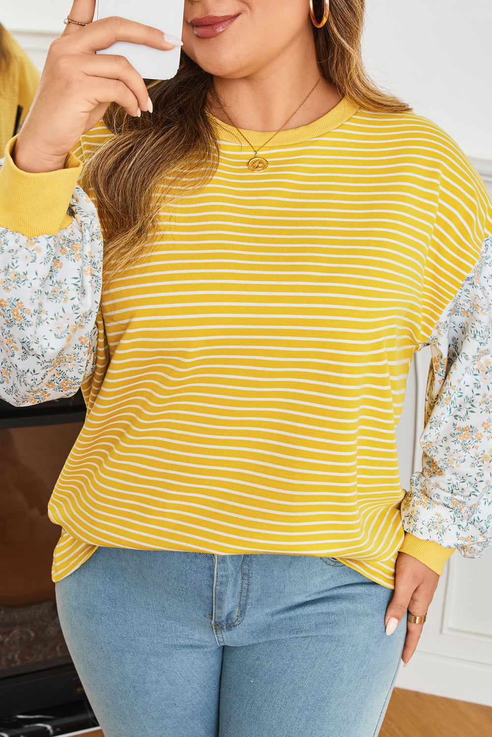 Yellow Stripe Striped Contrast Floral Sleeve Patchwork Plus Size Loose Top-Plus Size/Plus Size Tops/Plus Size Long Sleeve Tops-[Adult]-[Female]-2022 Online Blue Zone Planet