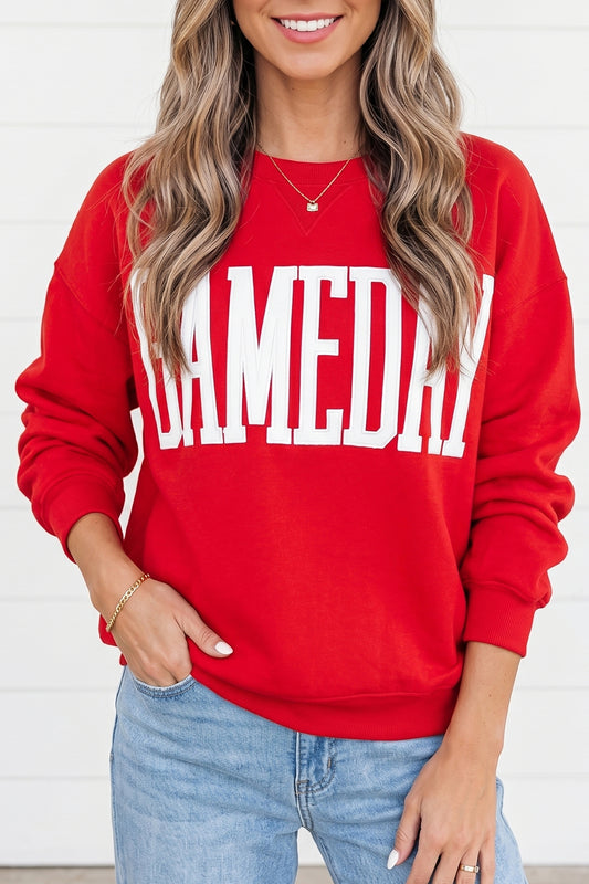 Fiery Red GAMEDAY Embroidered Patch Pattern Casual Shift Sweatshirt-Tops/Sweatshirts & Hoodies-[Adult]-[Female]-Fiery Red-S-2022 Online Blue Zone Planet