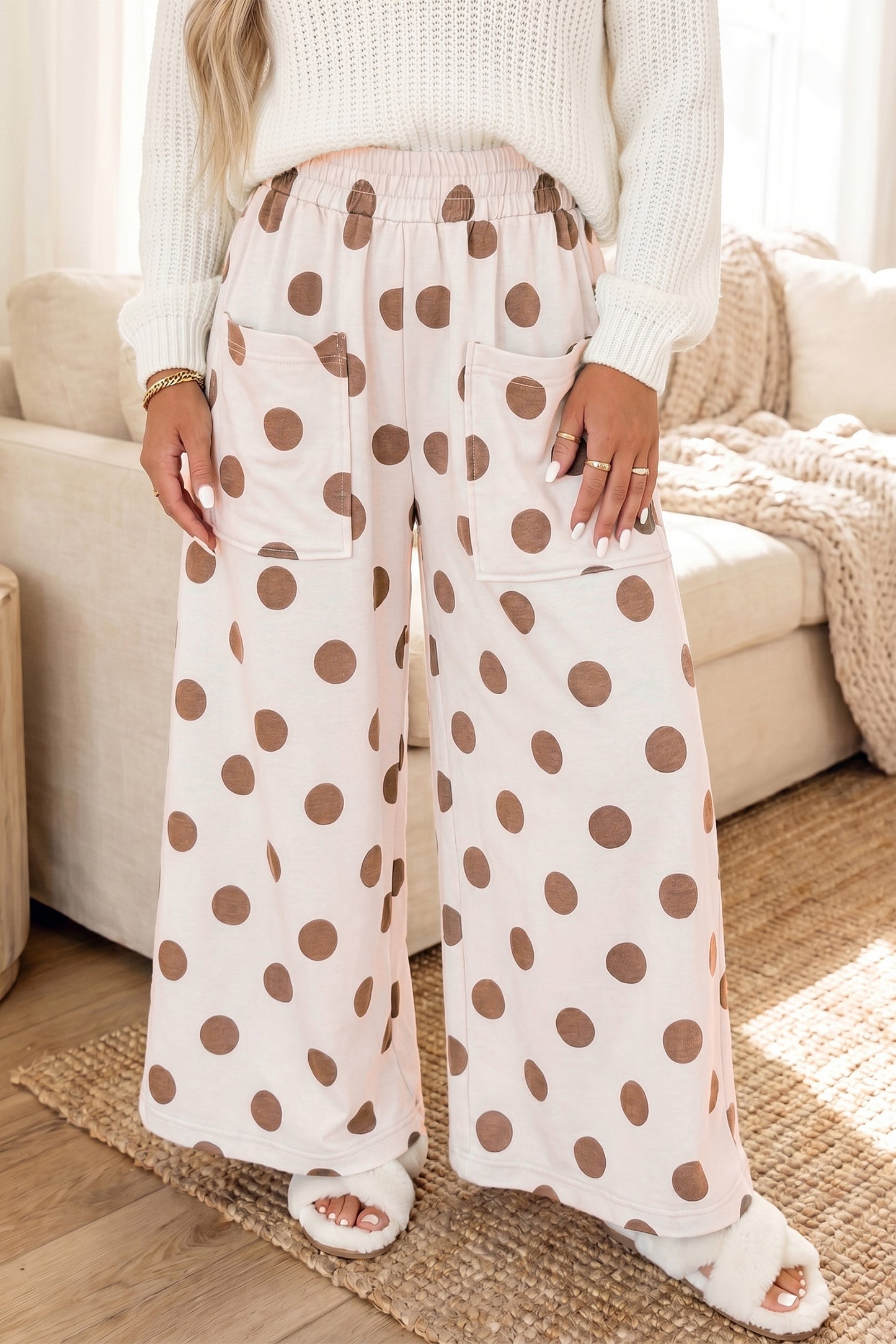 Khaki Polka Dot Wide Leg Elastic Waist Casual Pants-Bottoms/Pants & Culotte-[Adult]-[Female]-2022 Online Blue Zone Planet