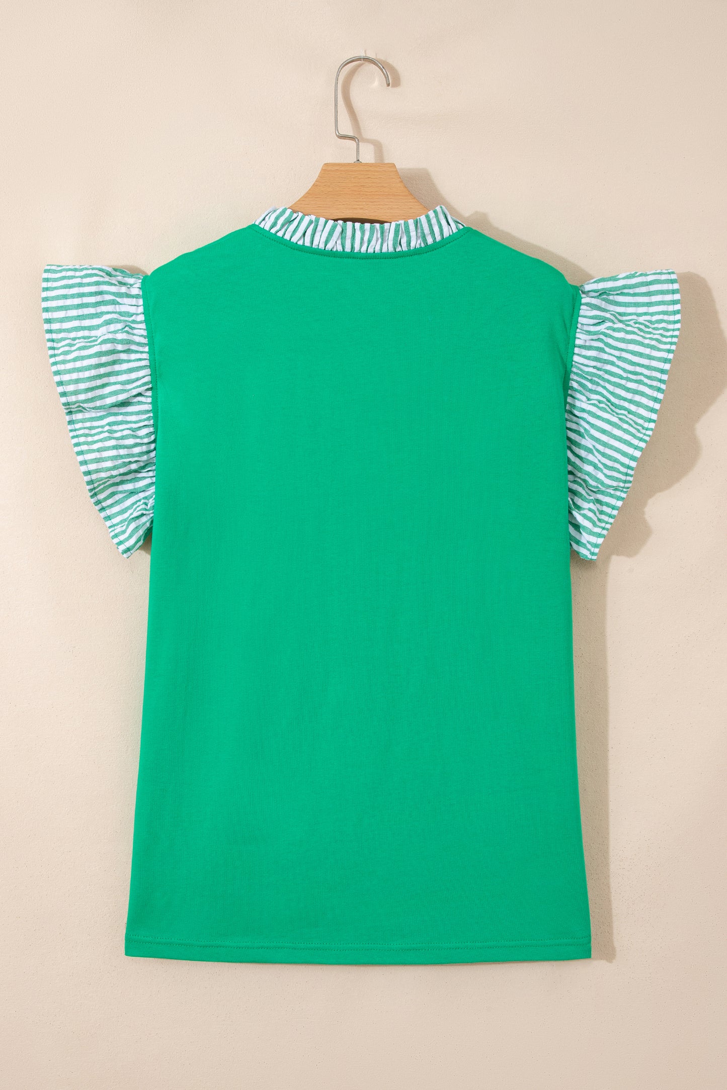 Dark Green Plus Size Button Front Ruffled Stripe Trim V Neck Flutter Sleeve Blouse-Plus Size/Plus Size Tops/Plus Size Blouses & Shirts-[Adult]-[Female]-2022 Online Blue Zone Planet