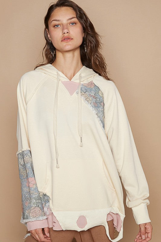 POL Floral Patchwork Distressed Drawstring Hoodie-TOPS / DRESSES-[Adult]-[Female]-Cream-S-2022 Online Blue Zone Planet