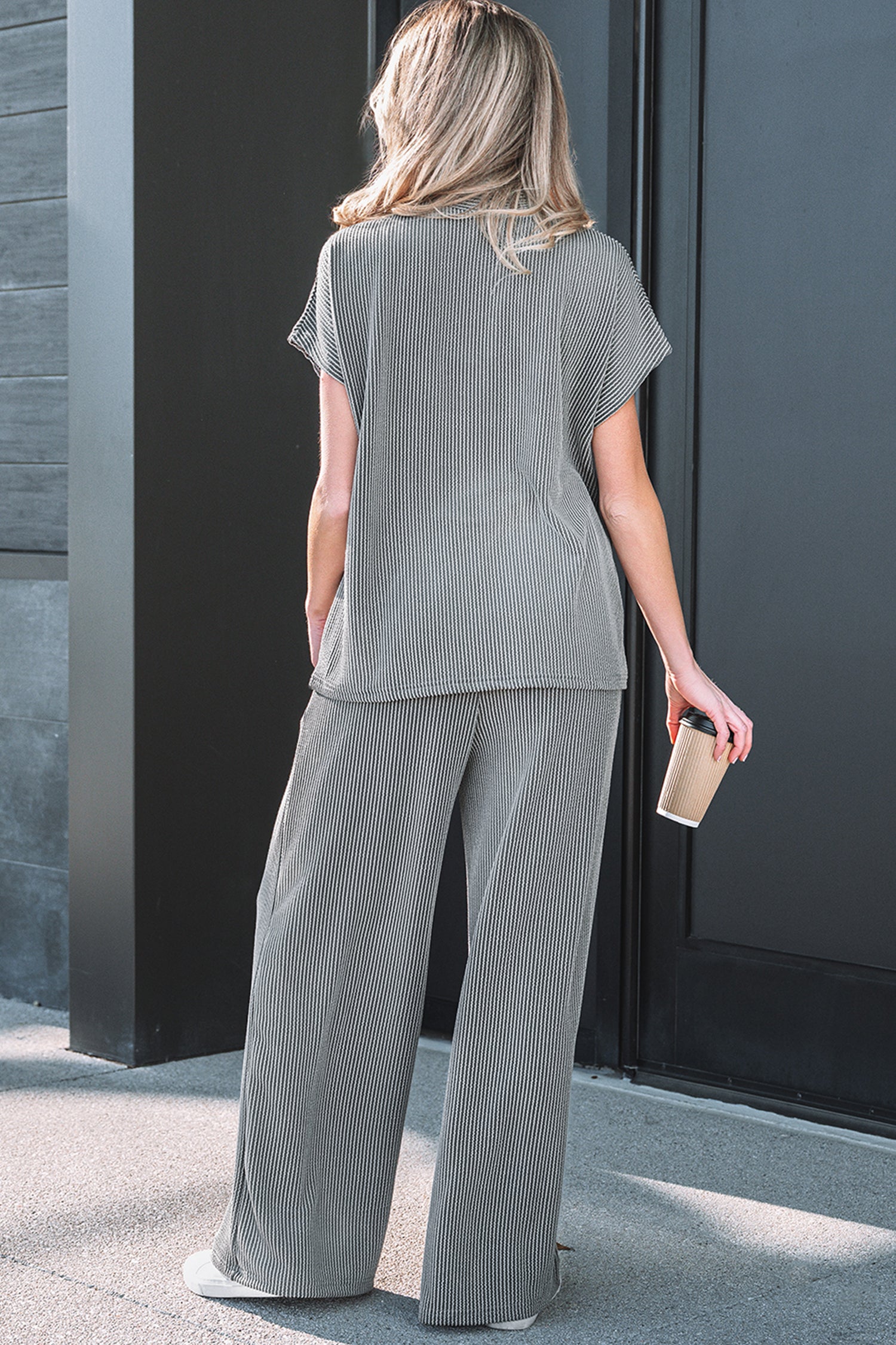 Dark Grey Twisted Ribbed High Neck Loose Tee Elastic High Waist Loose Pant Set-Two Piece Sets/Pant Sets-[Adult]-[Female]-2022 Online Blue Zone Planet