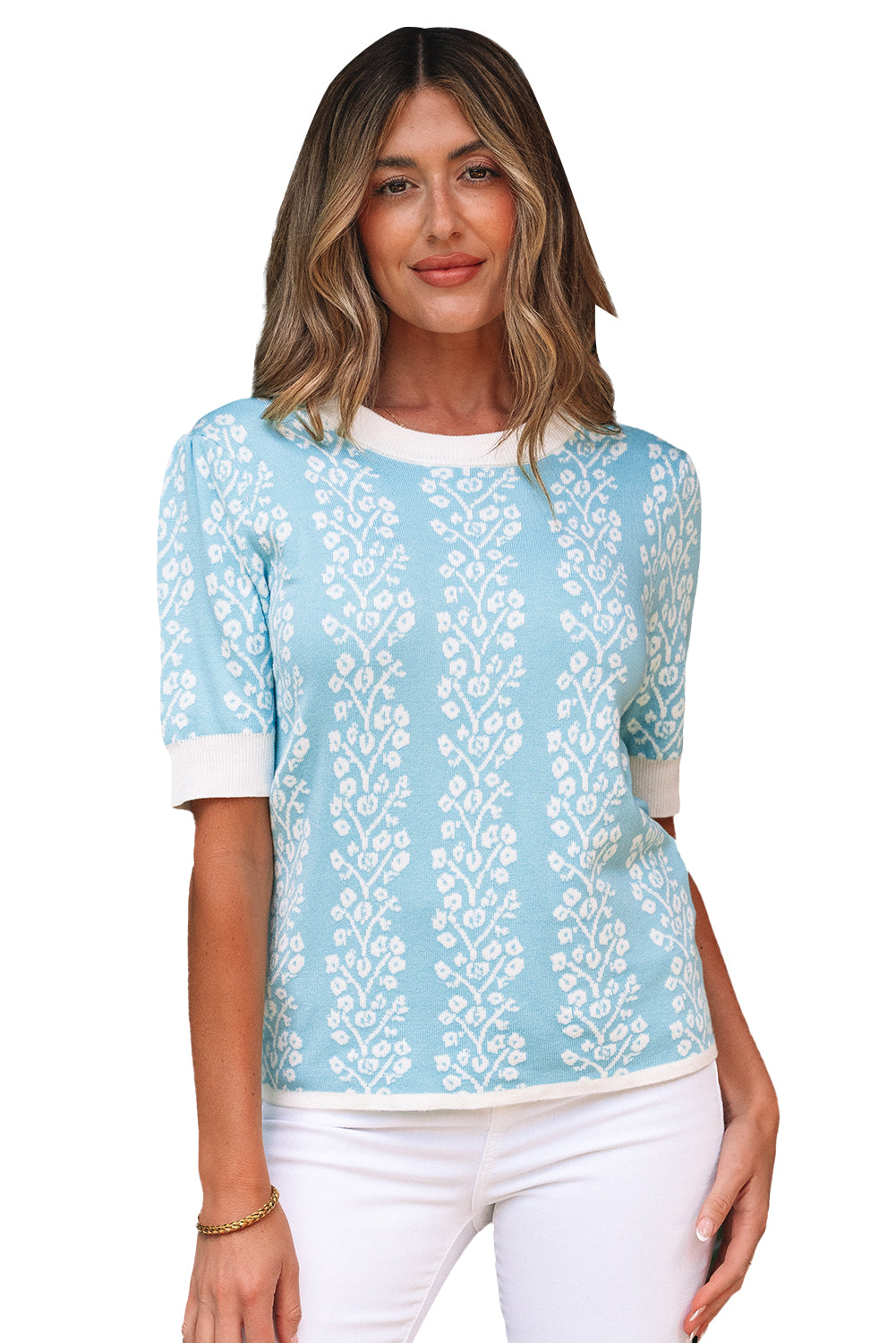 Sky Blue Contrast Floral Crewneck Short Sleeve Sweater-TOPS / DRESSES-[Adult]-[Female]-2022 Online Blue Zone Planet
