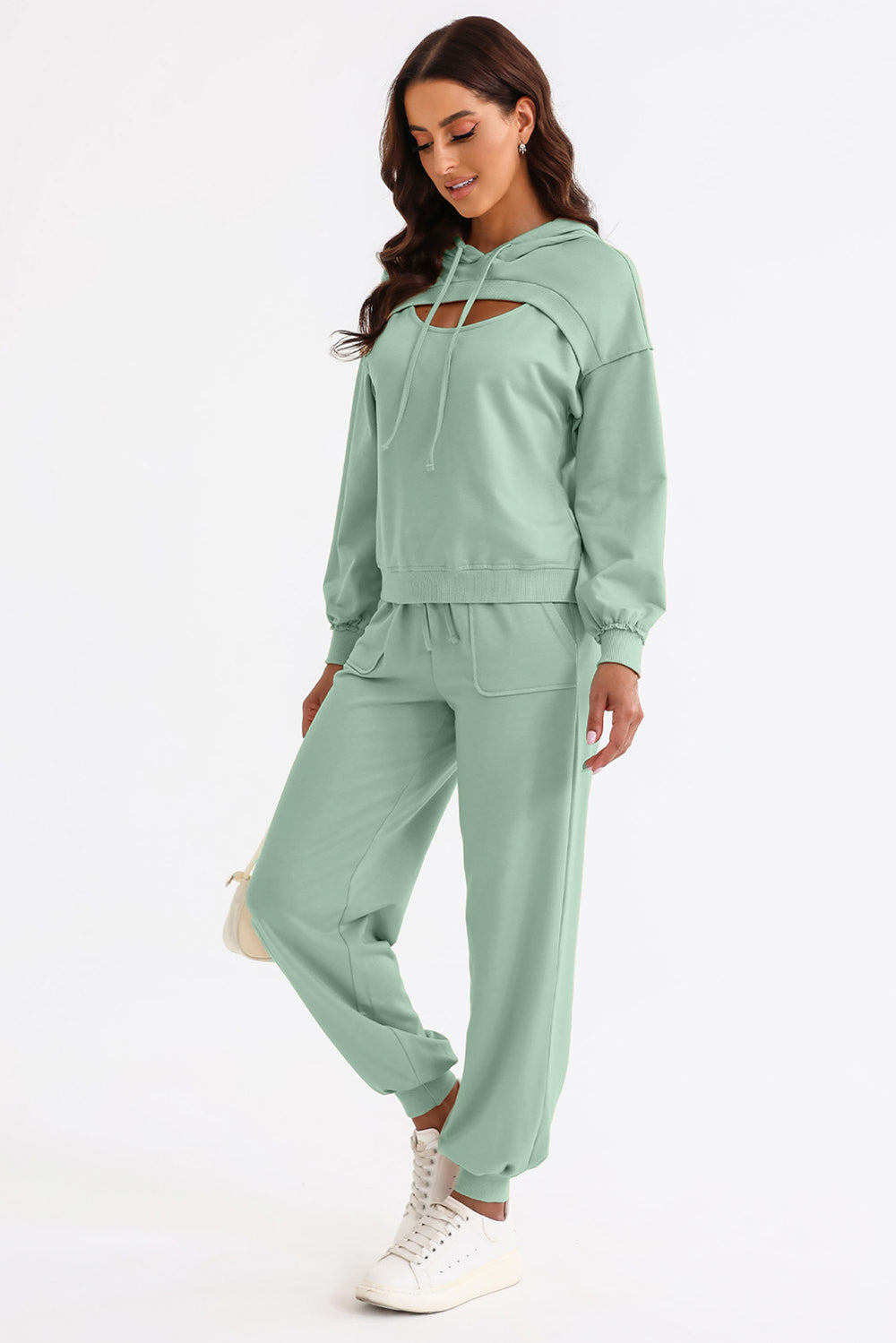 Blue Zone Planet | Cutout Drawstring Hoodie and Joggers Active Set-TOPS / DRESSES-[Adult]-[Female]-Light Green-S-2022 Online Blue Zone Planet