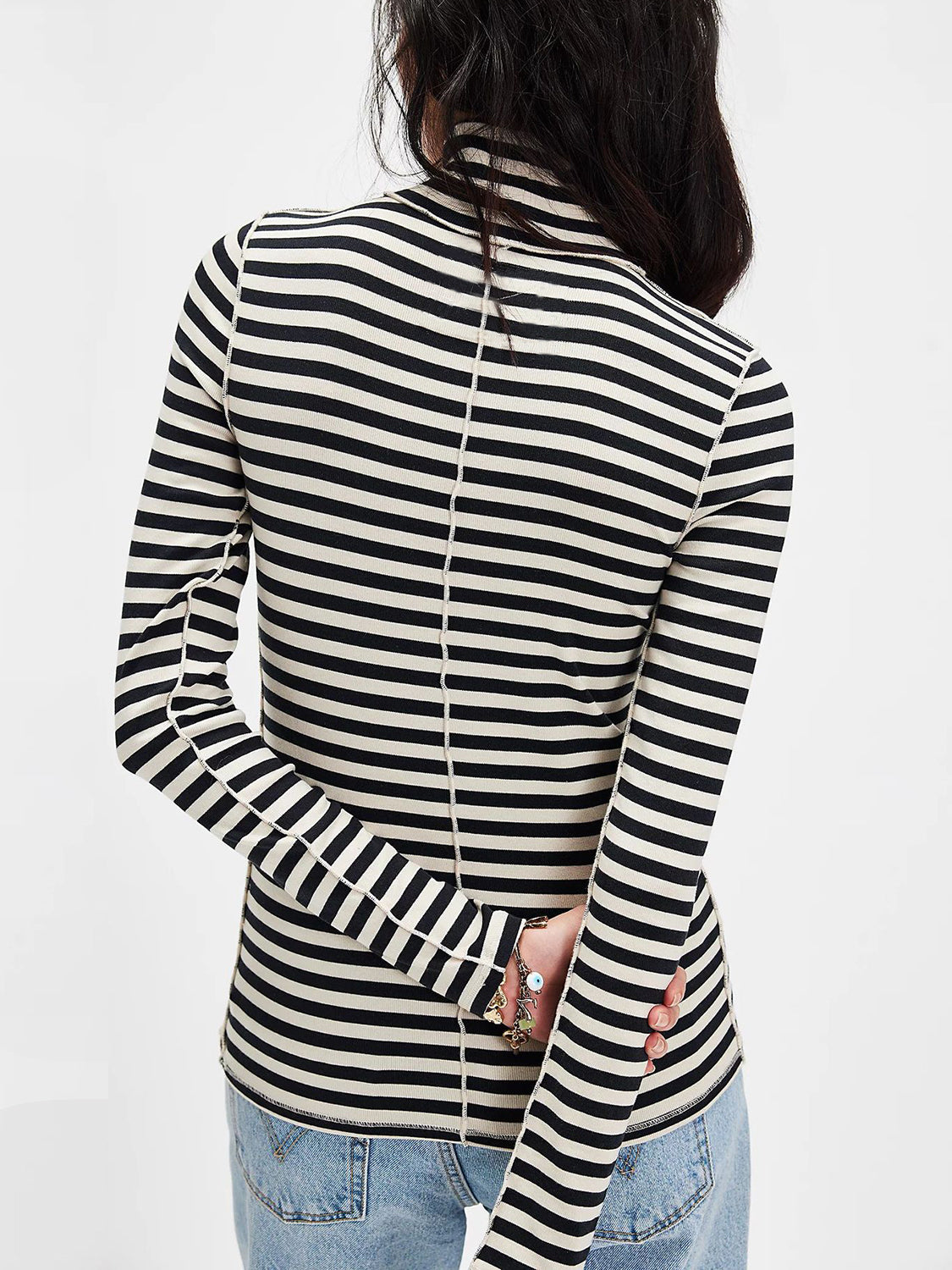 Exposed Seam Striped Turtleneck Long Sleeve T-Shirt-TOPS / DRESSES-[Adult]-[Female]-2022 Online Blue Zone Planet