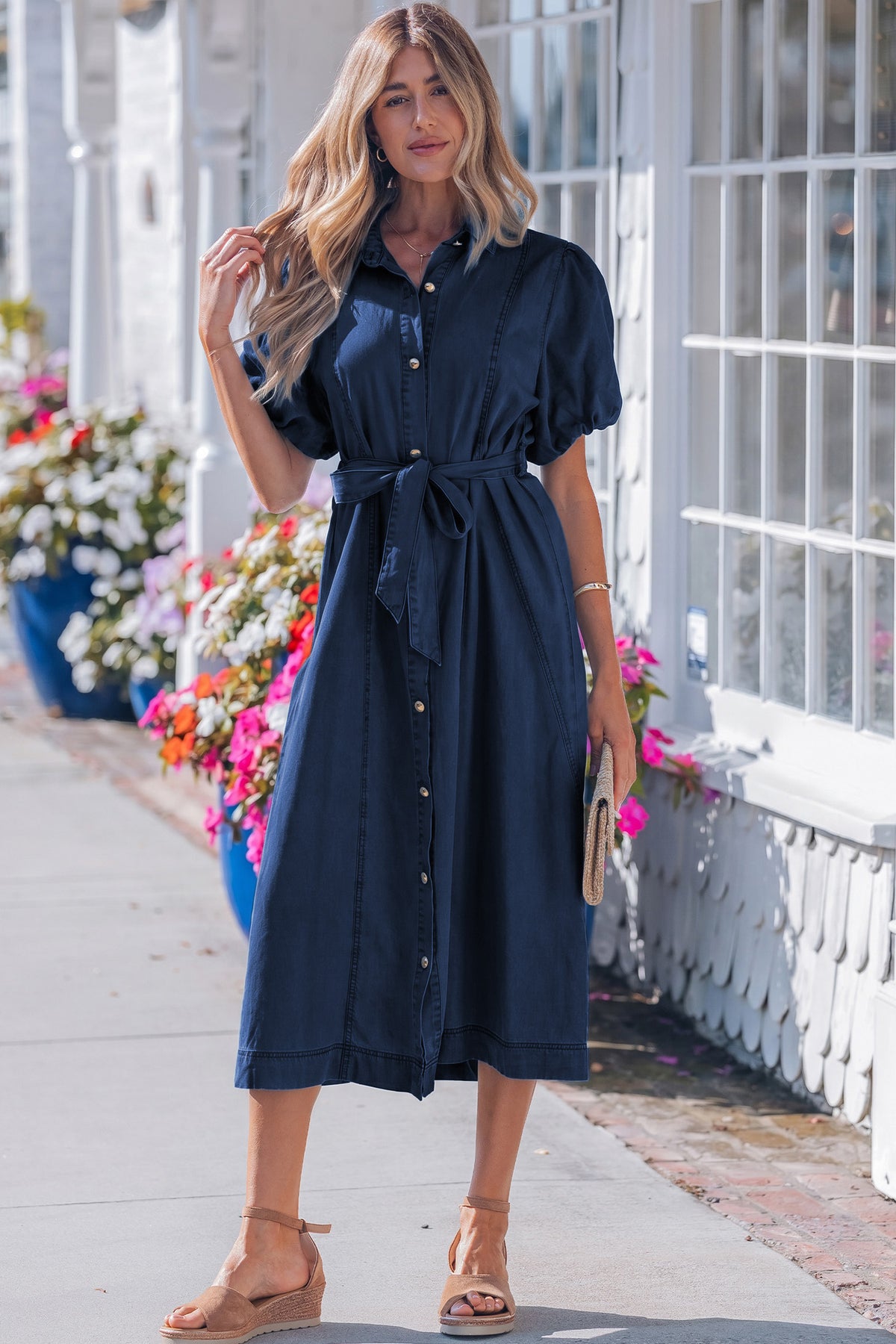 denim dresses online Beau Blue Full Buttons Collared Short Bubble Sleeve Long Dress Sail Blue / M / 100%Cotton Size:Medium (US 6-8) 12-18 nautical sets A silhouette that works Boys Brown Dress Shoes