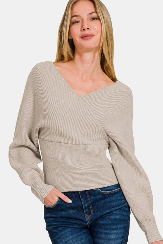 Blue Zone Planet | Zenana Cross Wrap Rib Long Sleeve Sweater-TOPS / DRESSES-[Adult]-[Female]-H Mocha-S-2022 Online Blue Zone Planet