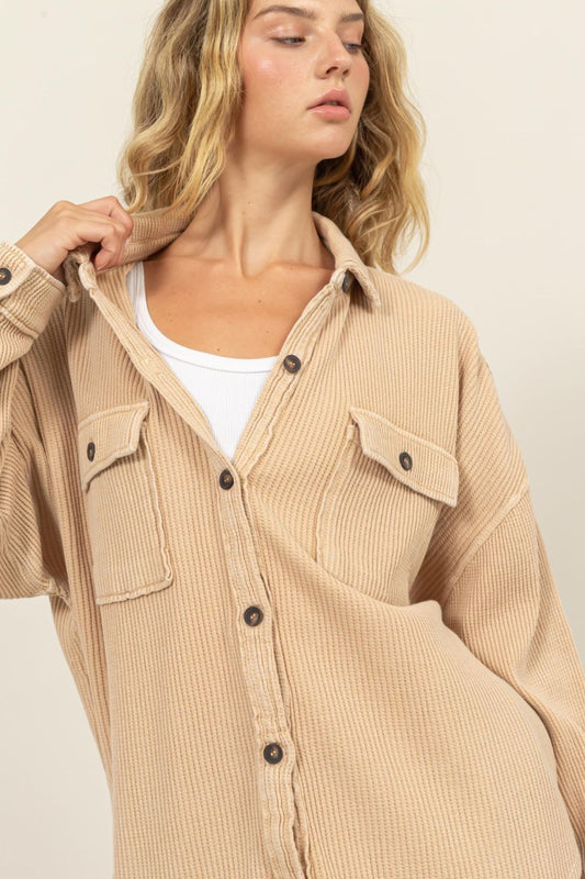 Blue Zone Planet | HYFVE Waffle-Knit Curved Hem Button Up Shacket-TOPS / DRESSES-[Adult]-[Female]-Taupe-S-2022 Online Blue Zone Planet