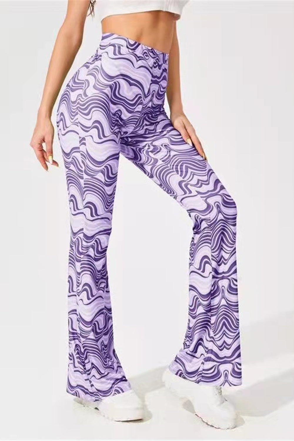 Printed High Waist Flare Pants-[Adult]-[Female]-2022 Online Blue Zone Planet