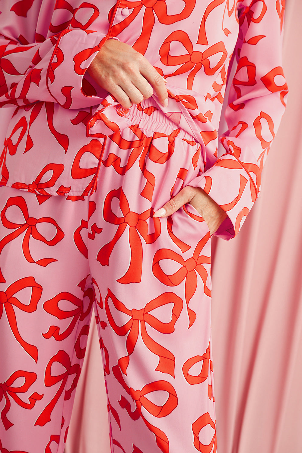 Pink Allover Bow Print Button Up and Loose Pants Pajama Set-Loungewear Set-[Adult]-[Female]-2022 Online Blue Zone Planet