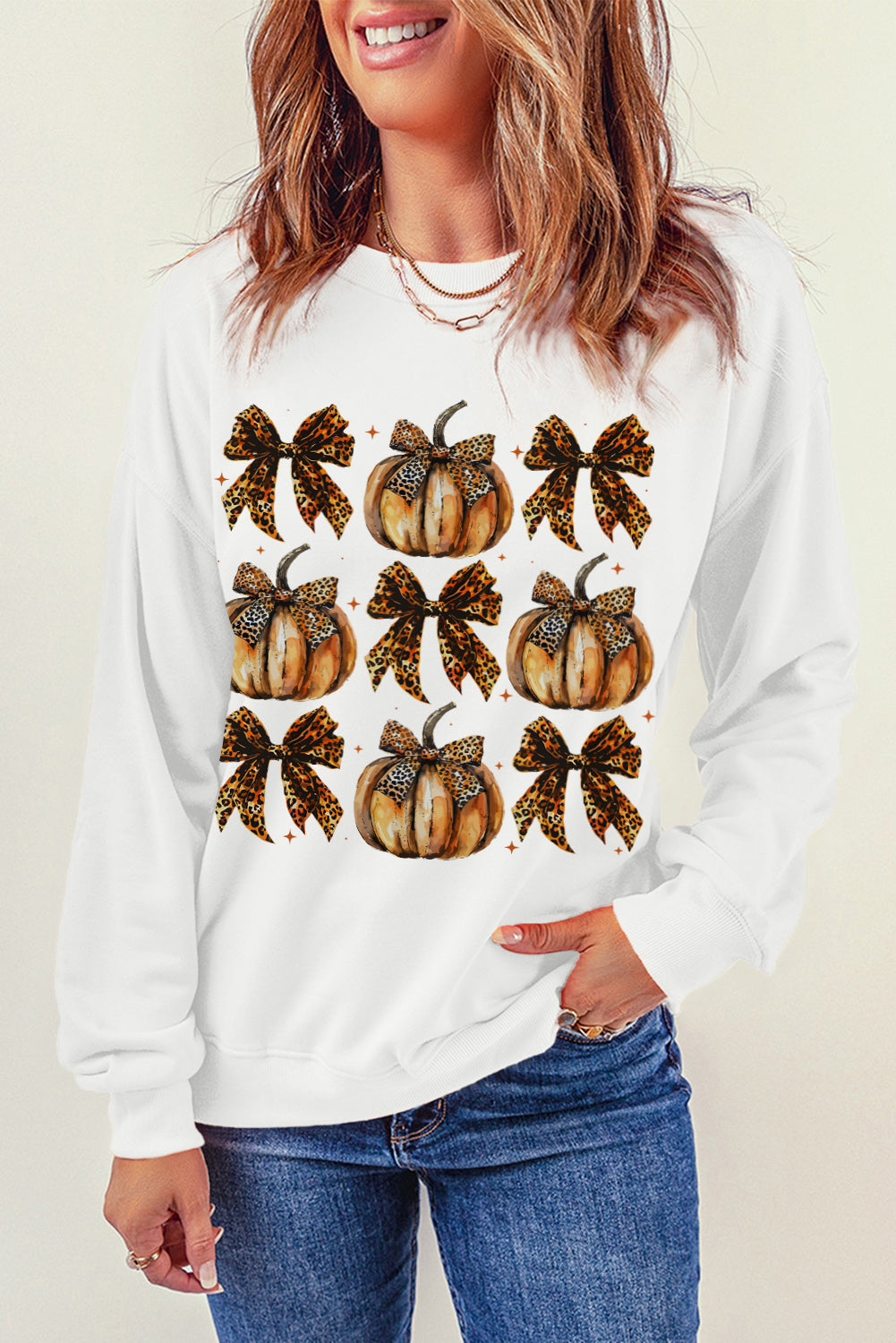 Beige Pumpkin Leopard Bow Knot Print Pullover Sweatshirt-Graphic/Graphic Sweatshirts-[Adult]-[Female]-2022 Online Blue Zone Planet